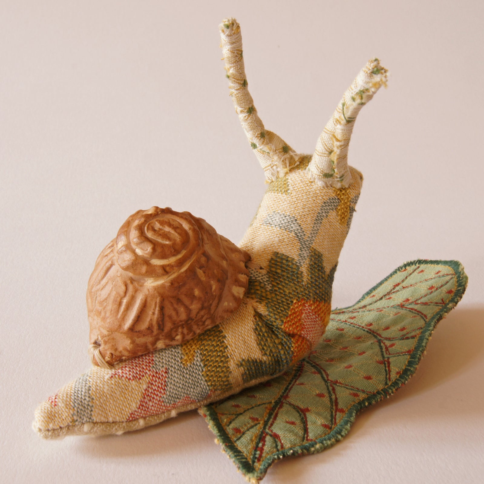 Fiber Art Snail Soft Sculpture with Ceramic Shell