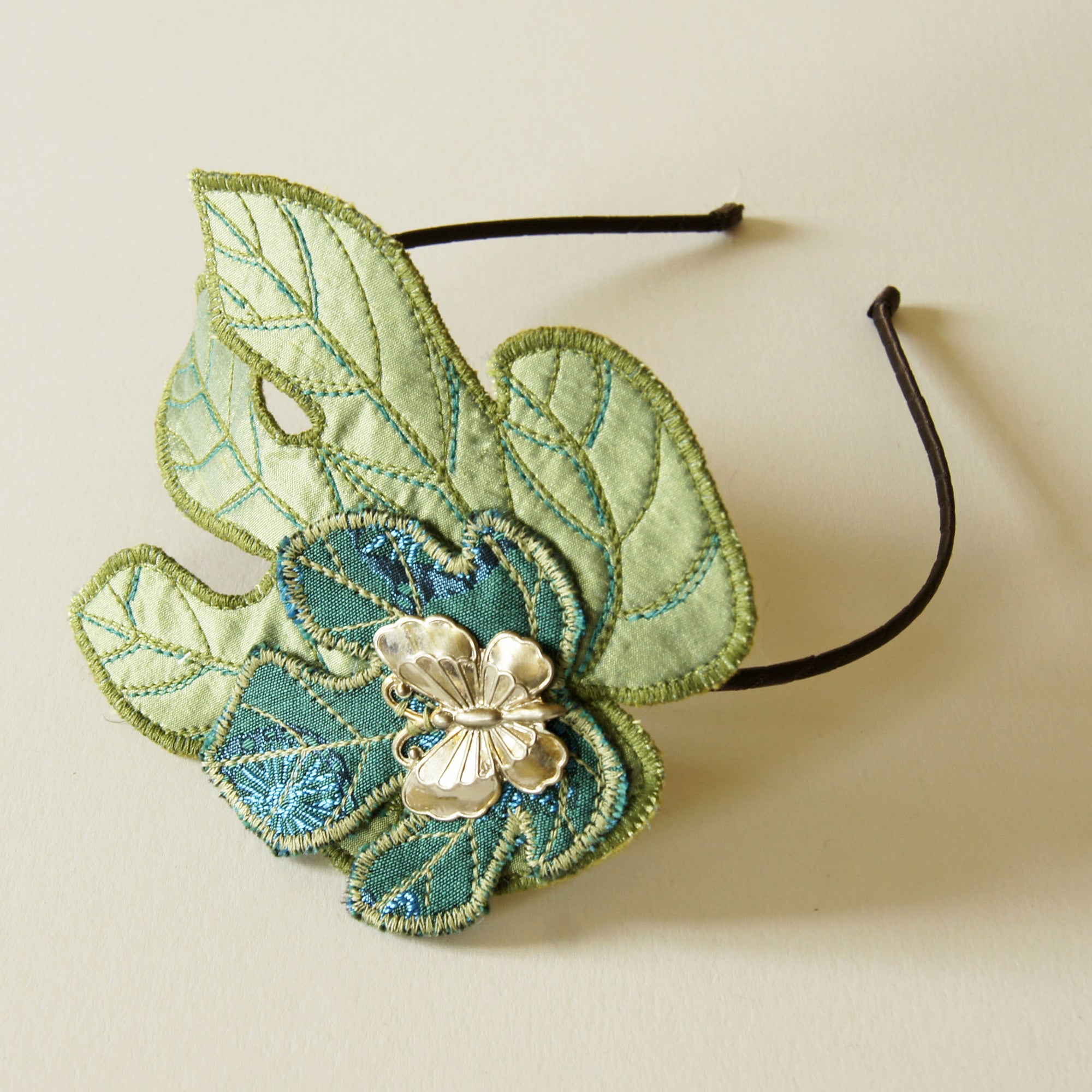 Fig Leaves headband fascinator in green and blue silk botanical accessory