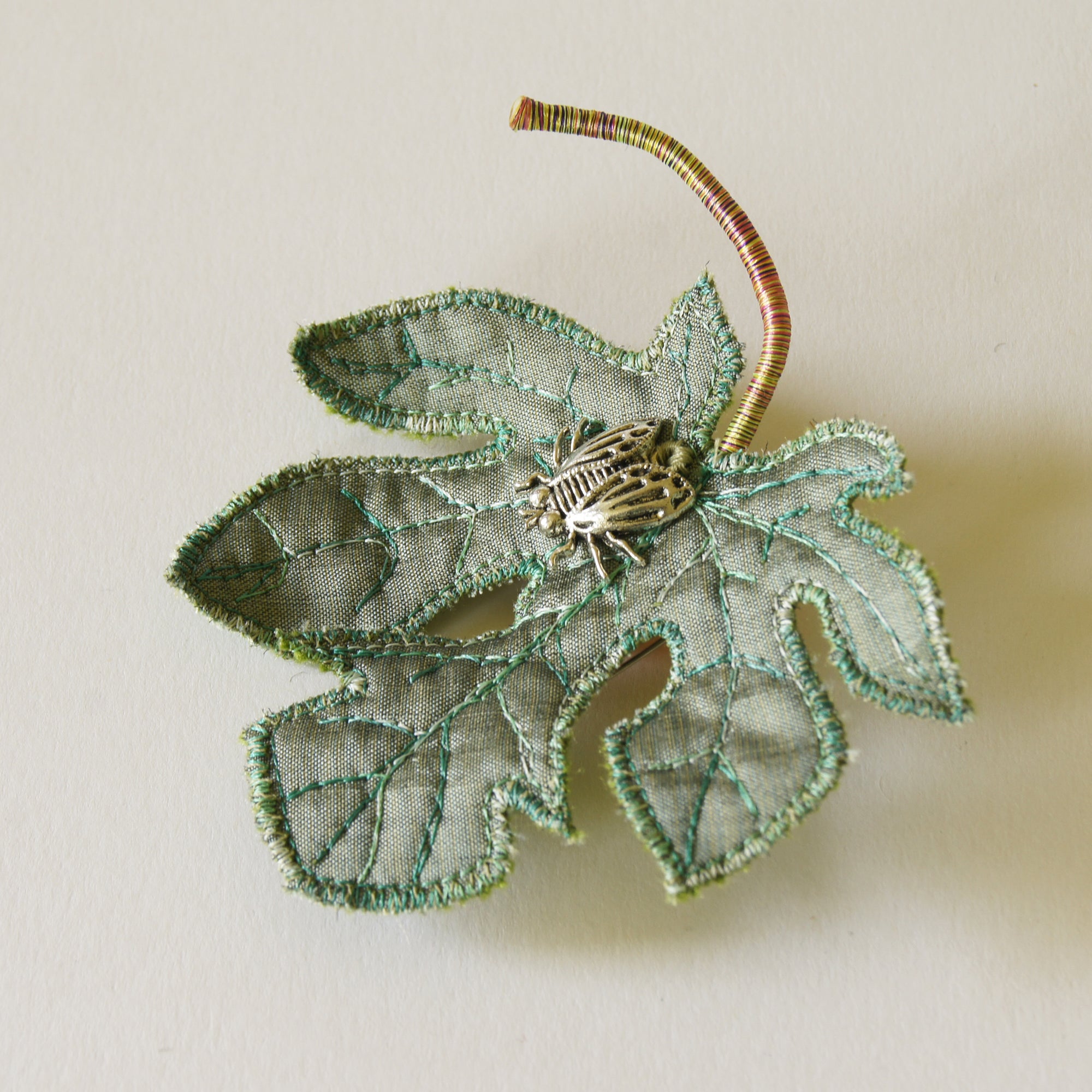 Fig Leaf Fiber Art Brooch