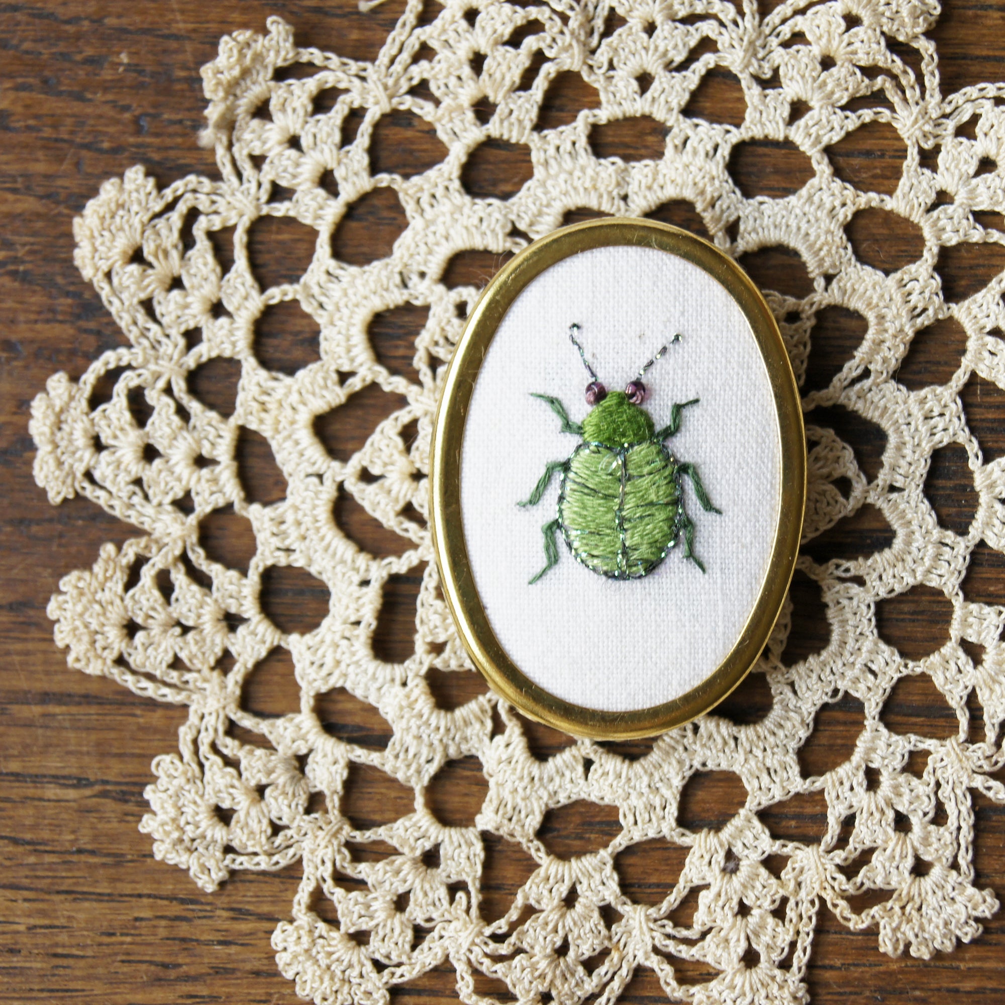 Green Leaf Beetle brooch pin hand embroidered entomology jewelry