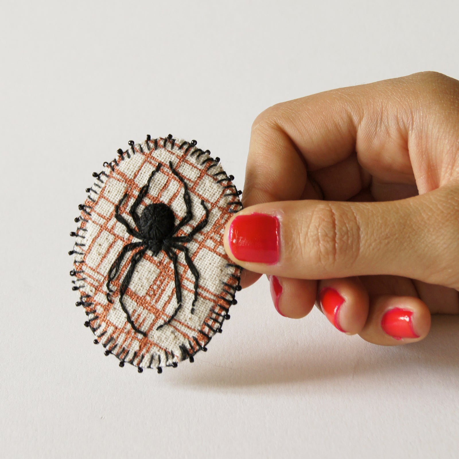 Hand Embroidered Black Widow Spider Brooch Arachnida Jewelry