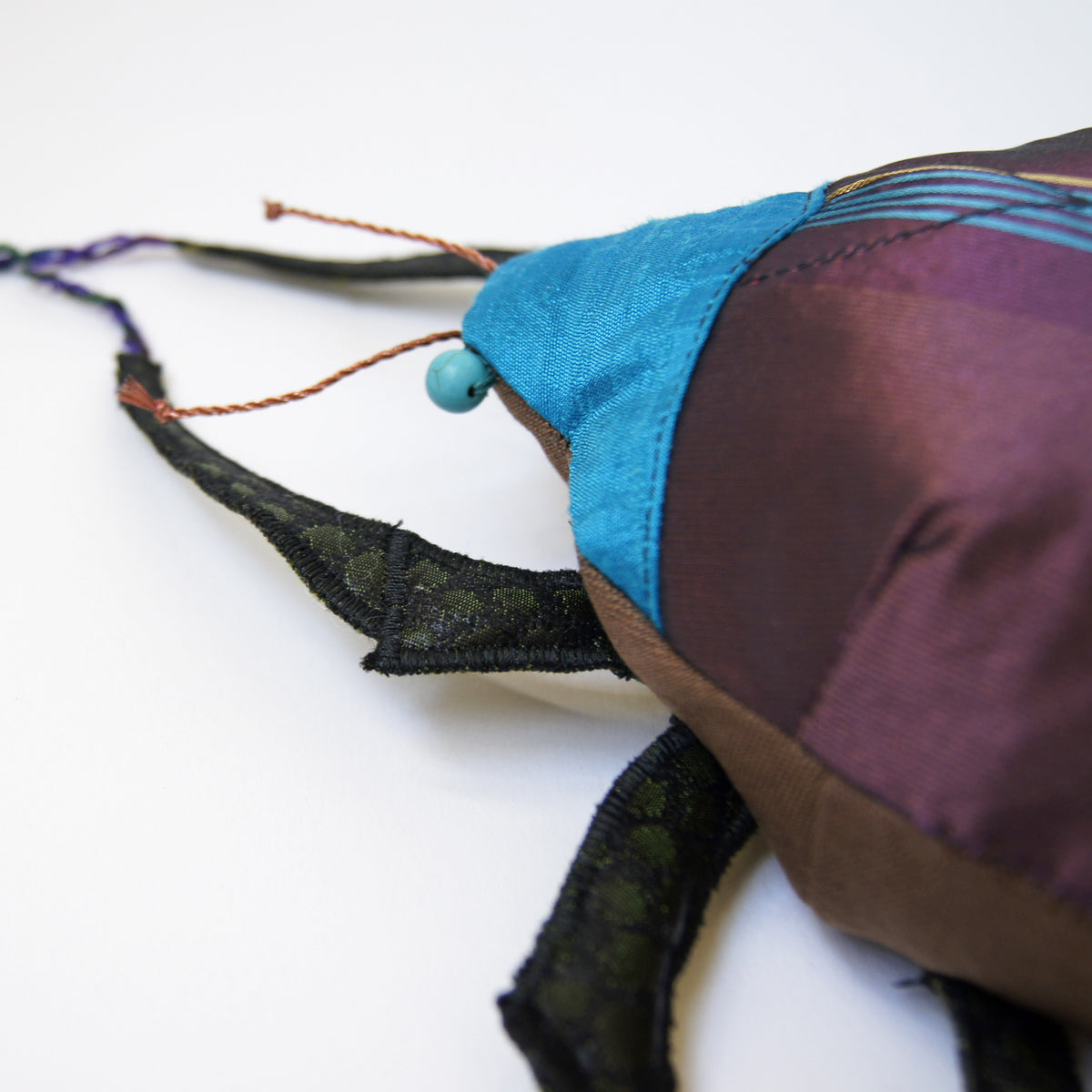 Beetle Coleoptera Textile Sculpture  Handmade from Plum and Blue Silk linen