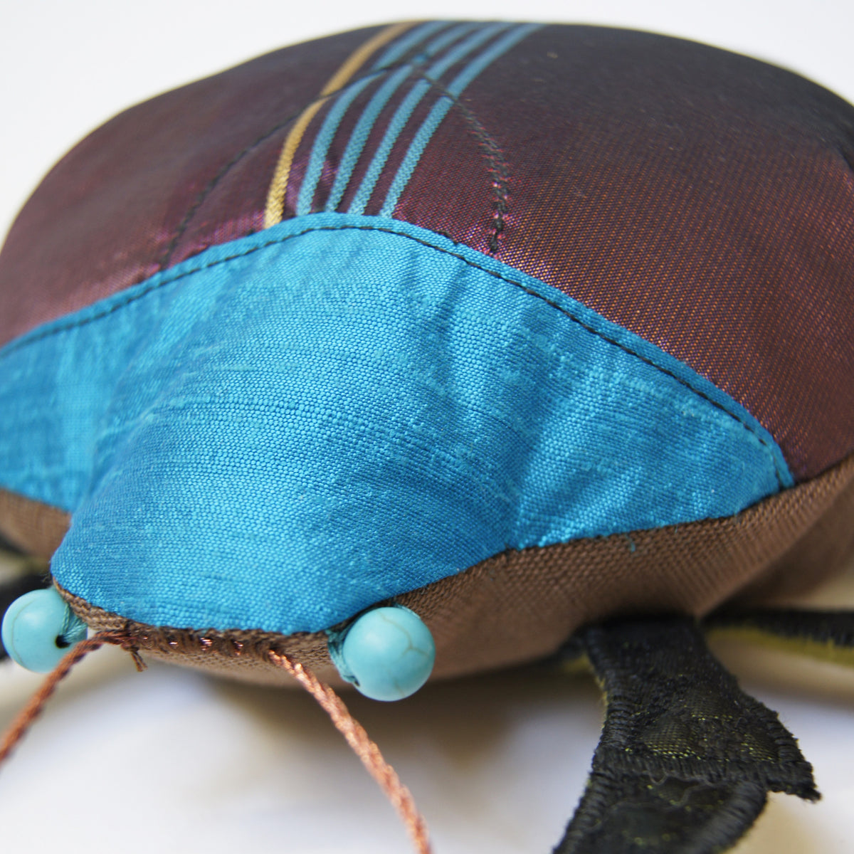 Beetle Coleoptera Textile Sculpture  Handmade from Plum and Blue Silk linen
