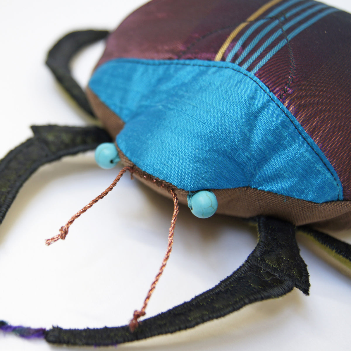 Beetle Coleoptera Textile Sculpture  Handmade from Plum and Blue Silk linen
