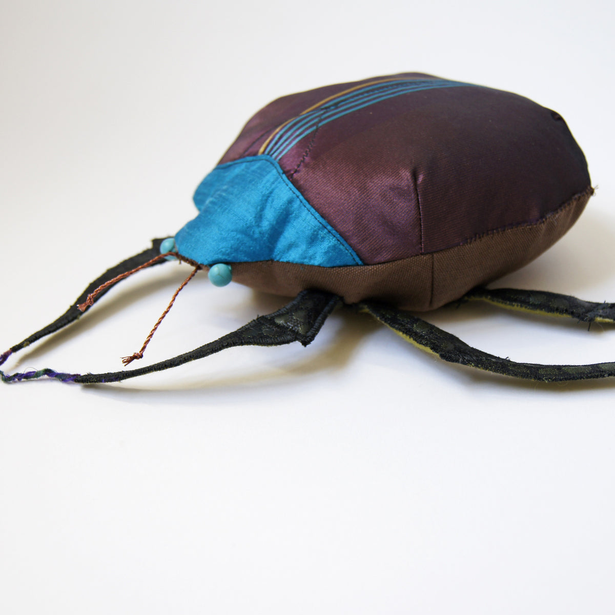 Beetle Coleoptera Textile Sculpture  Handmade from Plum and Blue Silk linen