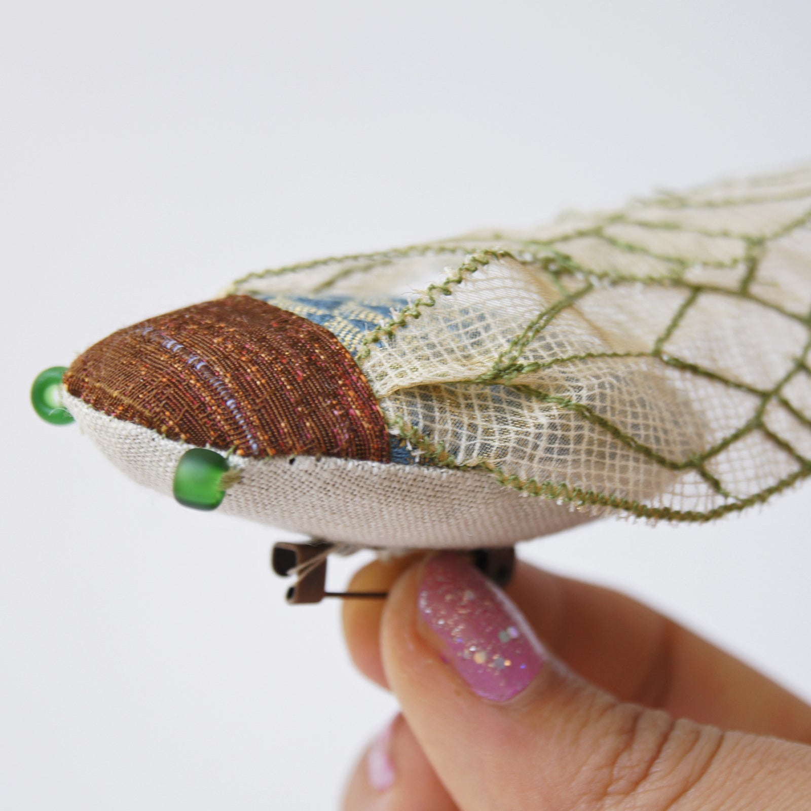 Soft Sculpture Cicada Brooch Blue and Green