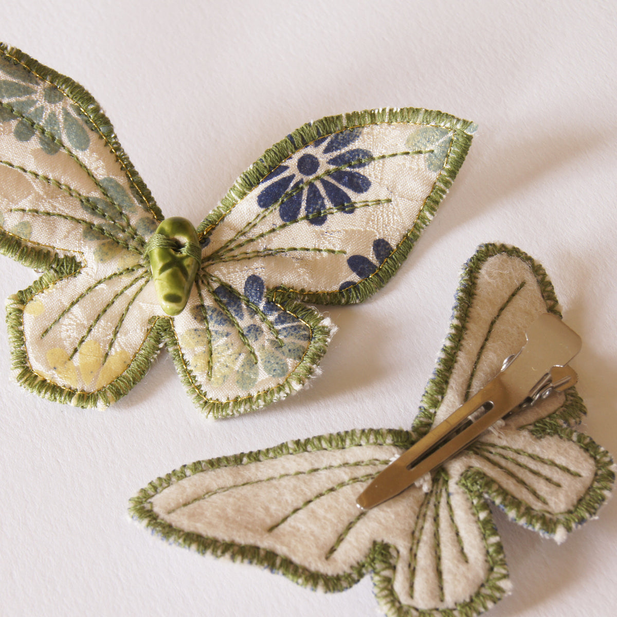 Set of Three Butterfly Hair Clips silk and cotton