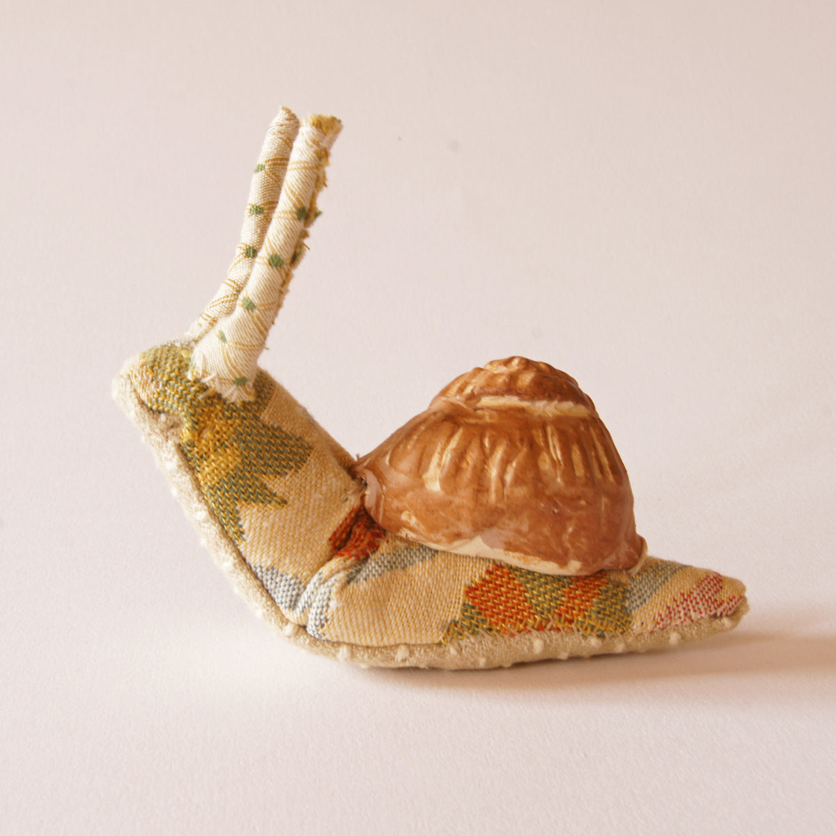 Fiber Art Snail Soft Sculpture with Ceramic Shell