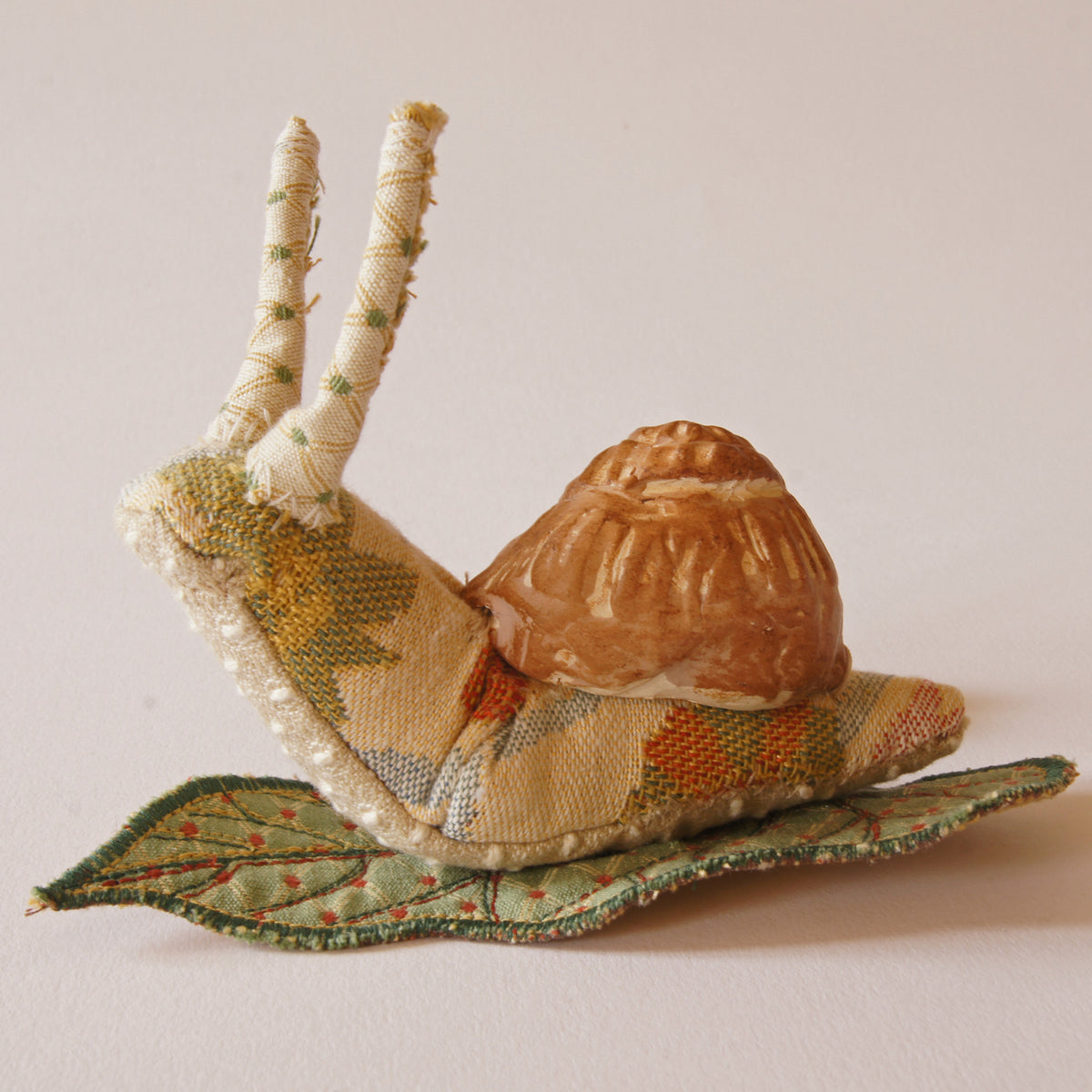 Fiber Art Snail Soft Sculpture with Ceramic Shell
