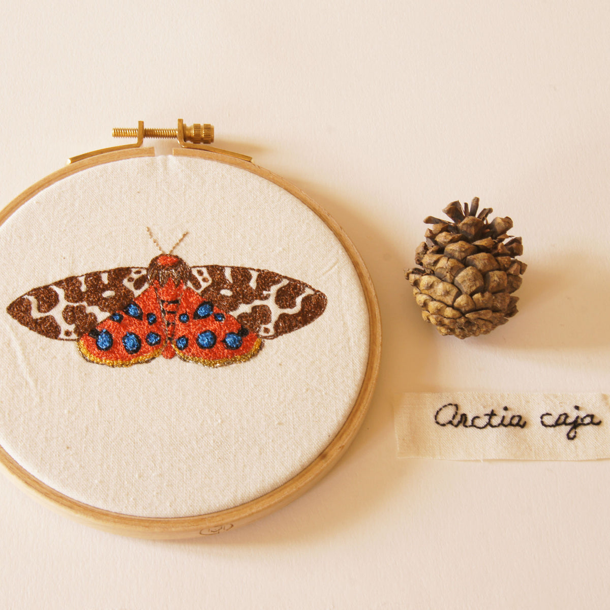 Embroidered Hoop Art Garden Tiger Moth Insect Fiber Art