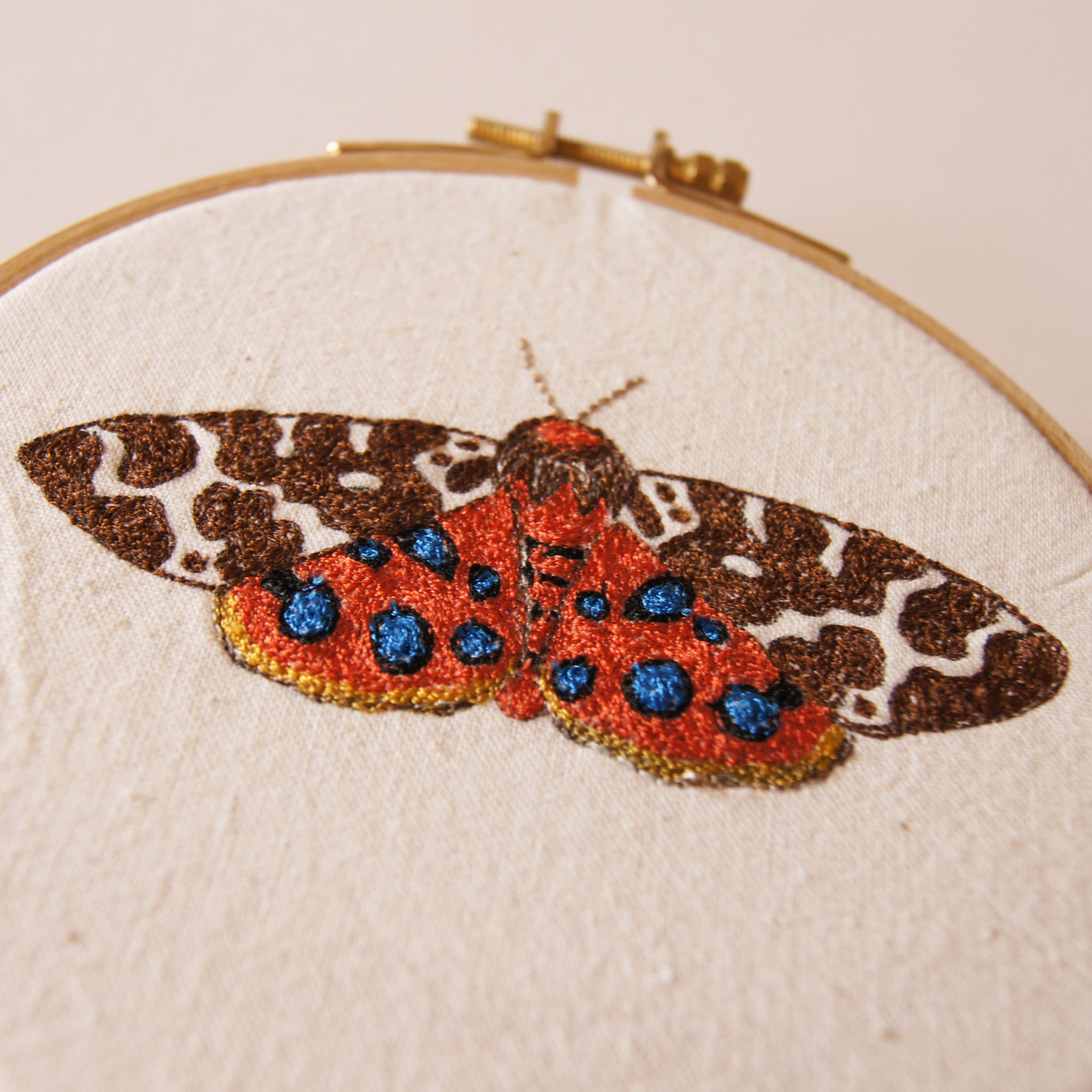 Embroidered Hoop Art Garden Tiger Moth Insect Fiber Art