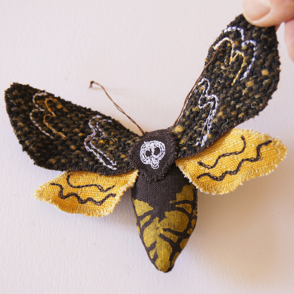 Death&#39;s Head Hawk Sphinx moth  textile brooch