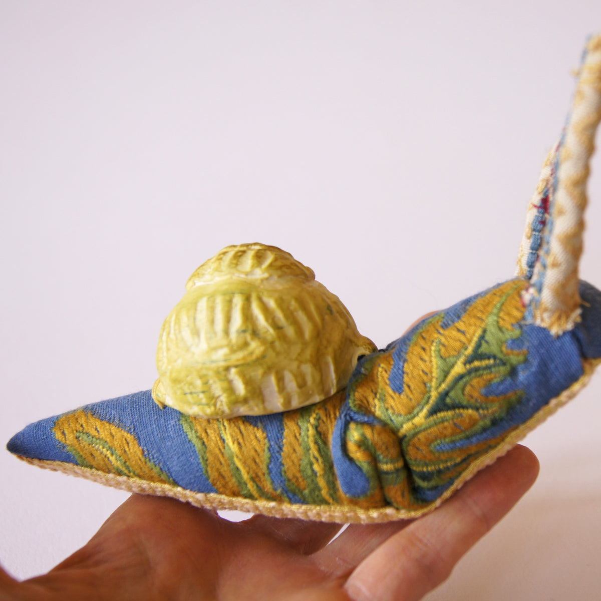 Soft Sculpture Snail with Ceramic Shell Fiber Art