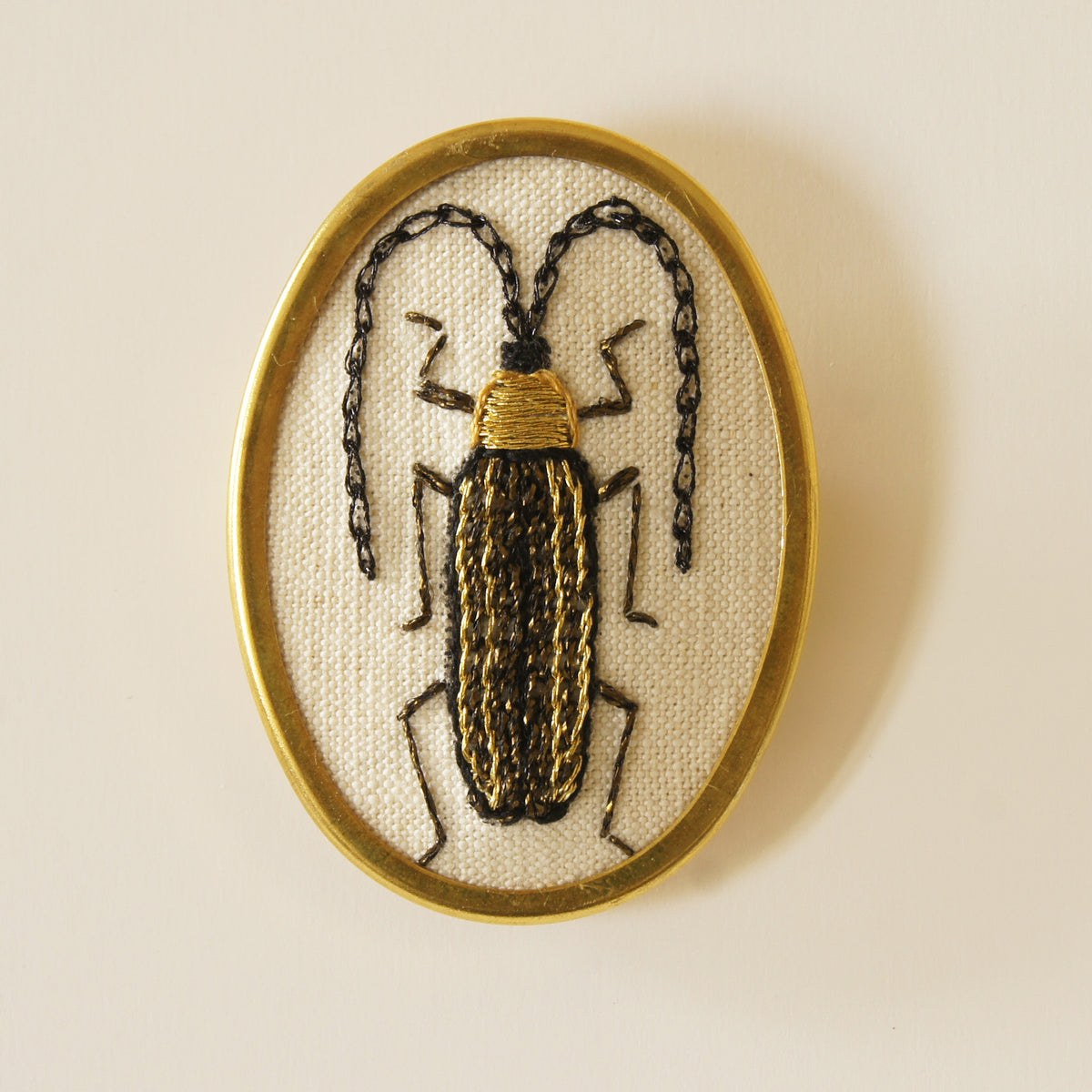 Golden long-horn beetle brooch hand embroidered entomology