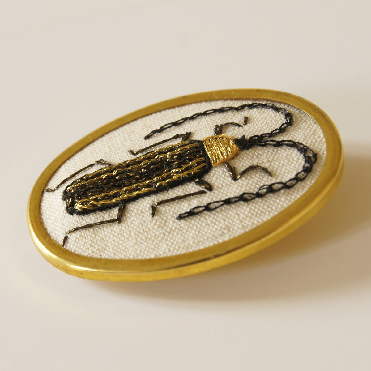 Golden long-horn beetle brooch hand embroidered entomology