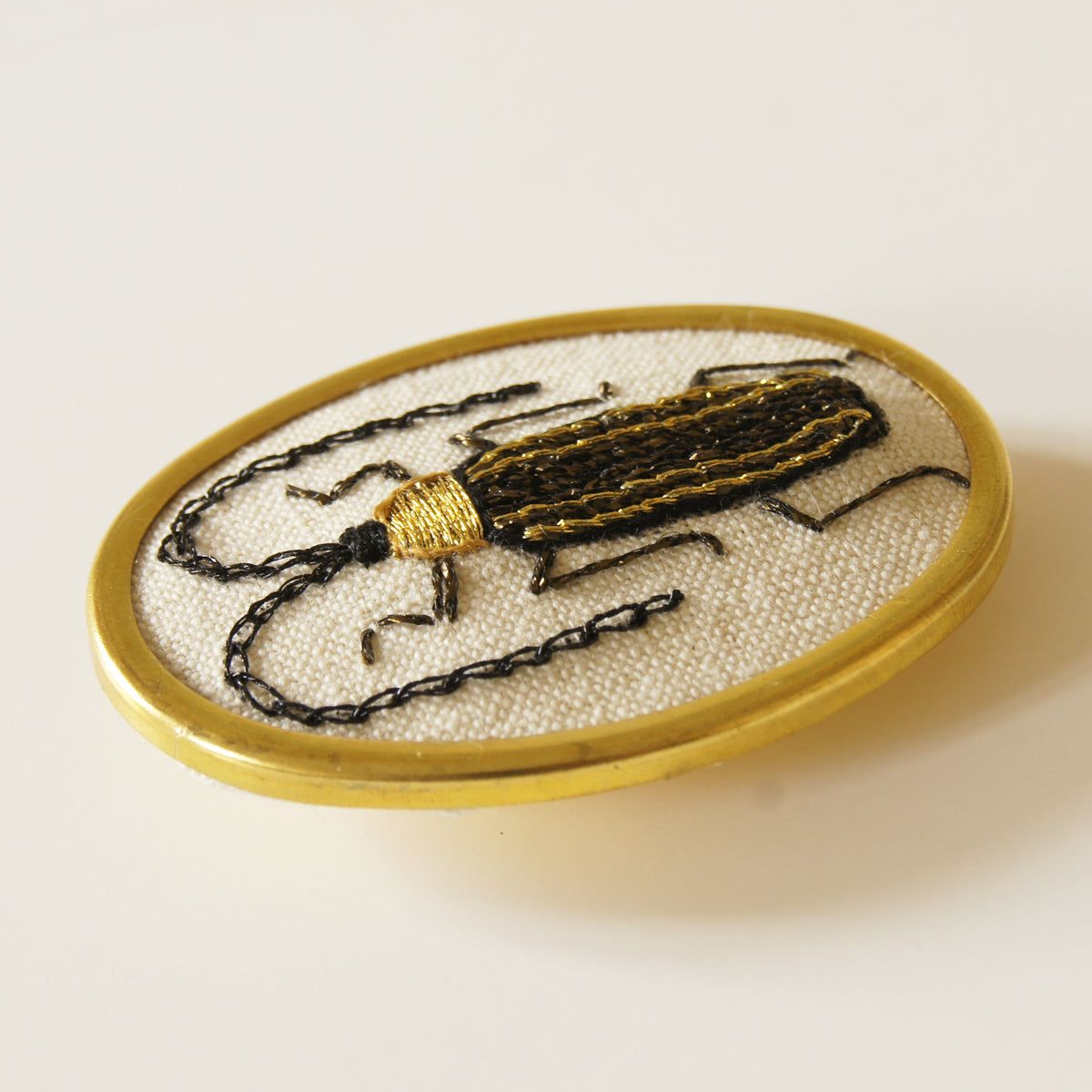 Golden long-horn beetle brooch hand embroidered entomology