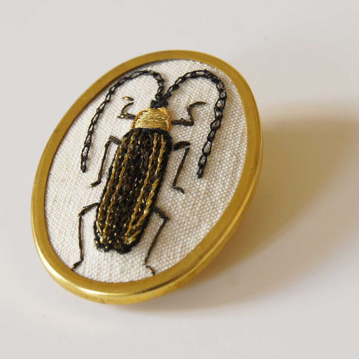 Golden long-horn beetle brooch hand embroidered entomology