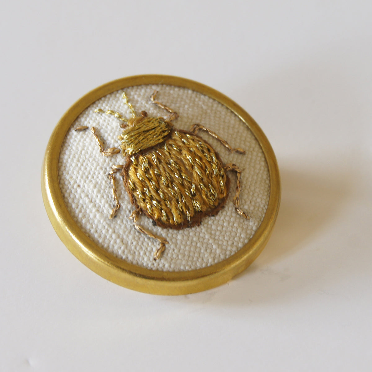 Golden leaf beetle hand embroidered brooch entomology jewelry