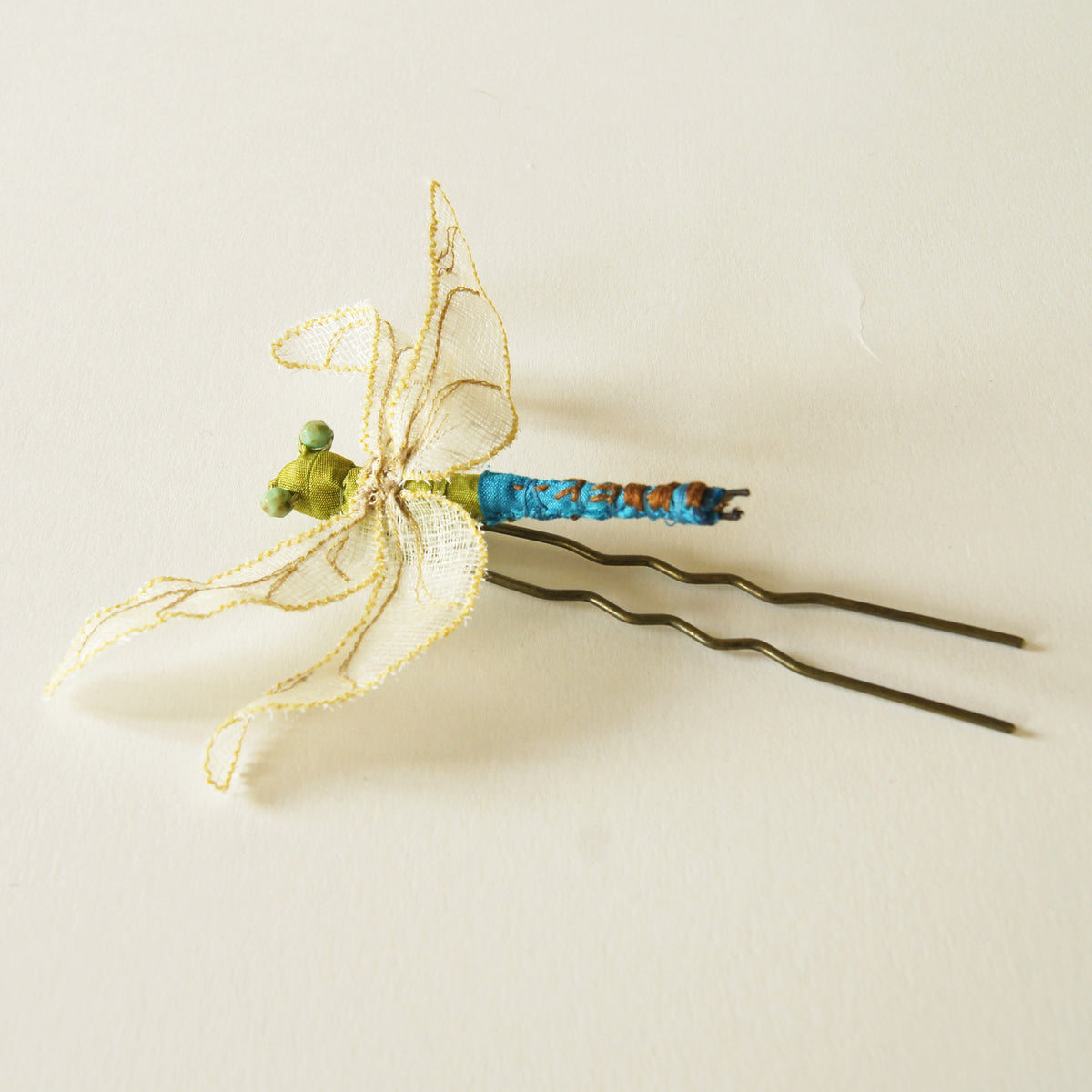 Green Darner Dragonfly Fiber Art brooch or hair fork
