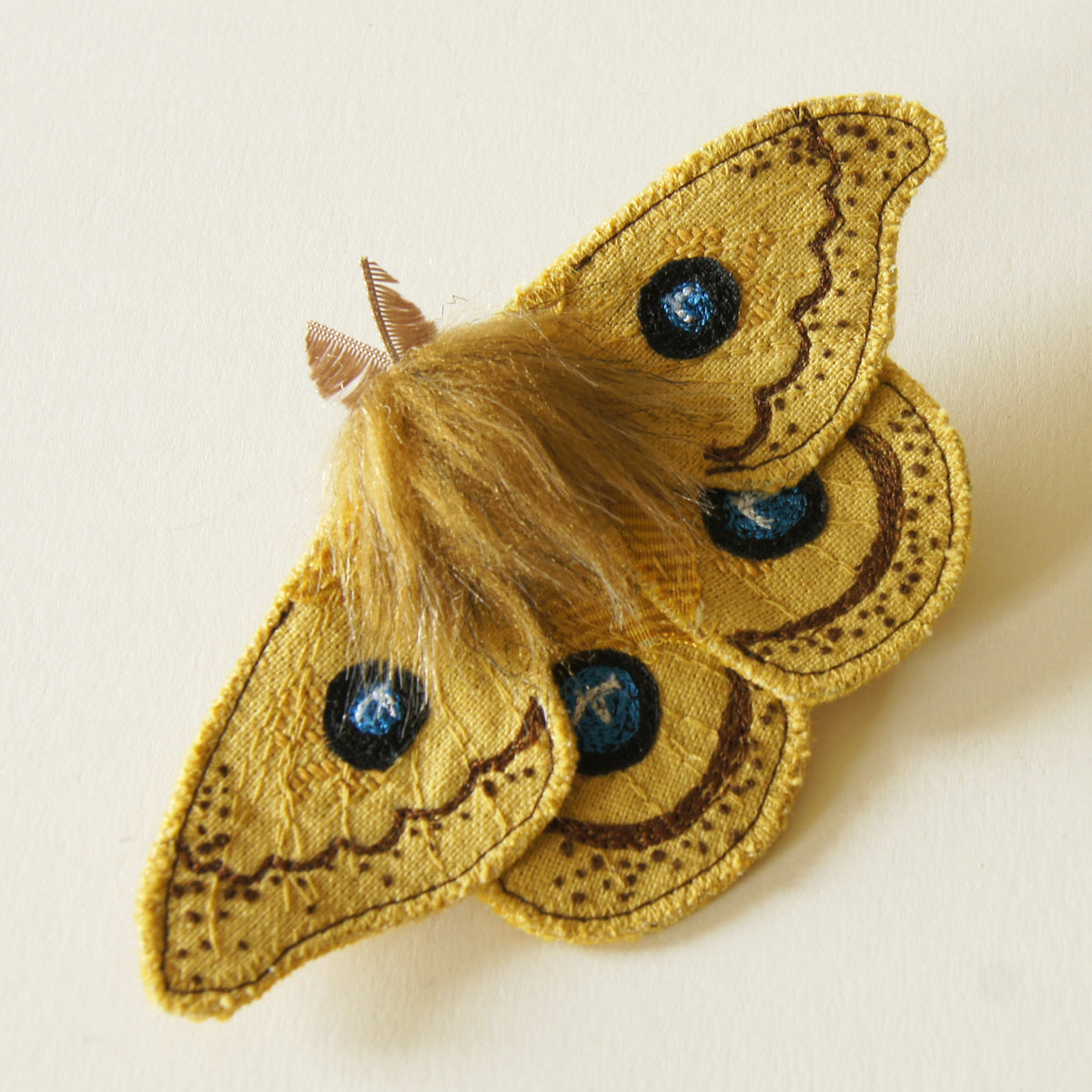 Silk Moth Tau Emperor Fiber Art Brooch Entomology Jewelry