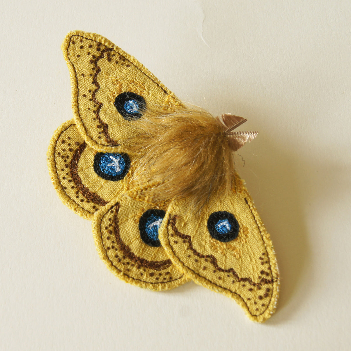 Silk Moth Tau Emperor Fiber Art Brooch Entomology Jewelry