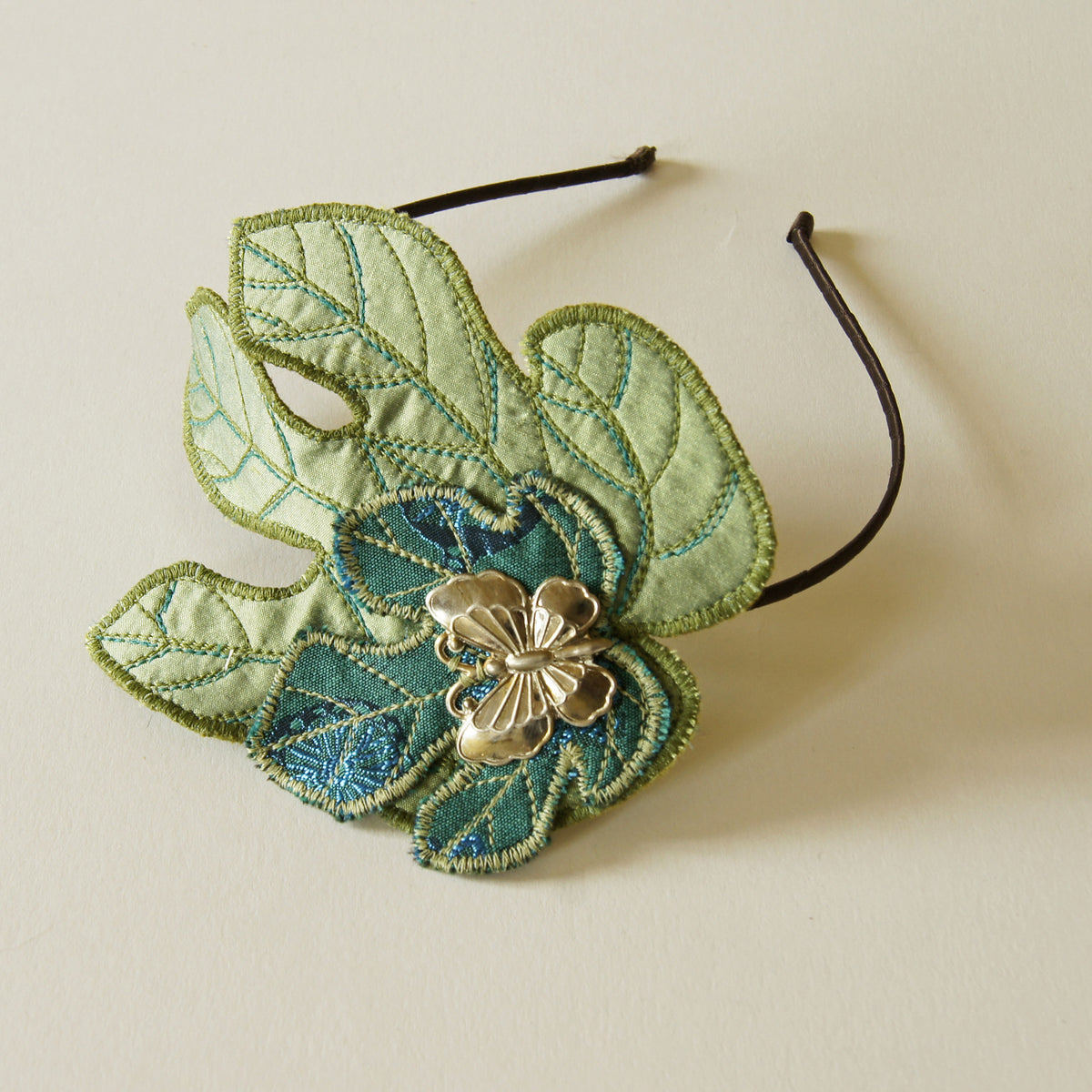 Fig Leaves headband fascinator in green and blue silk botanical accessory