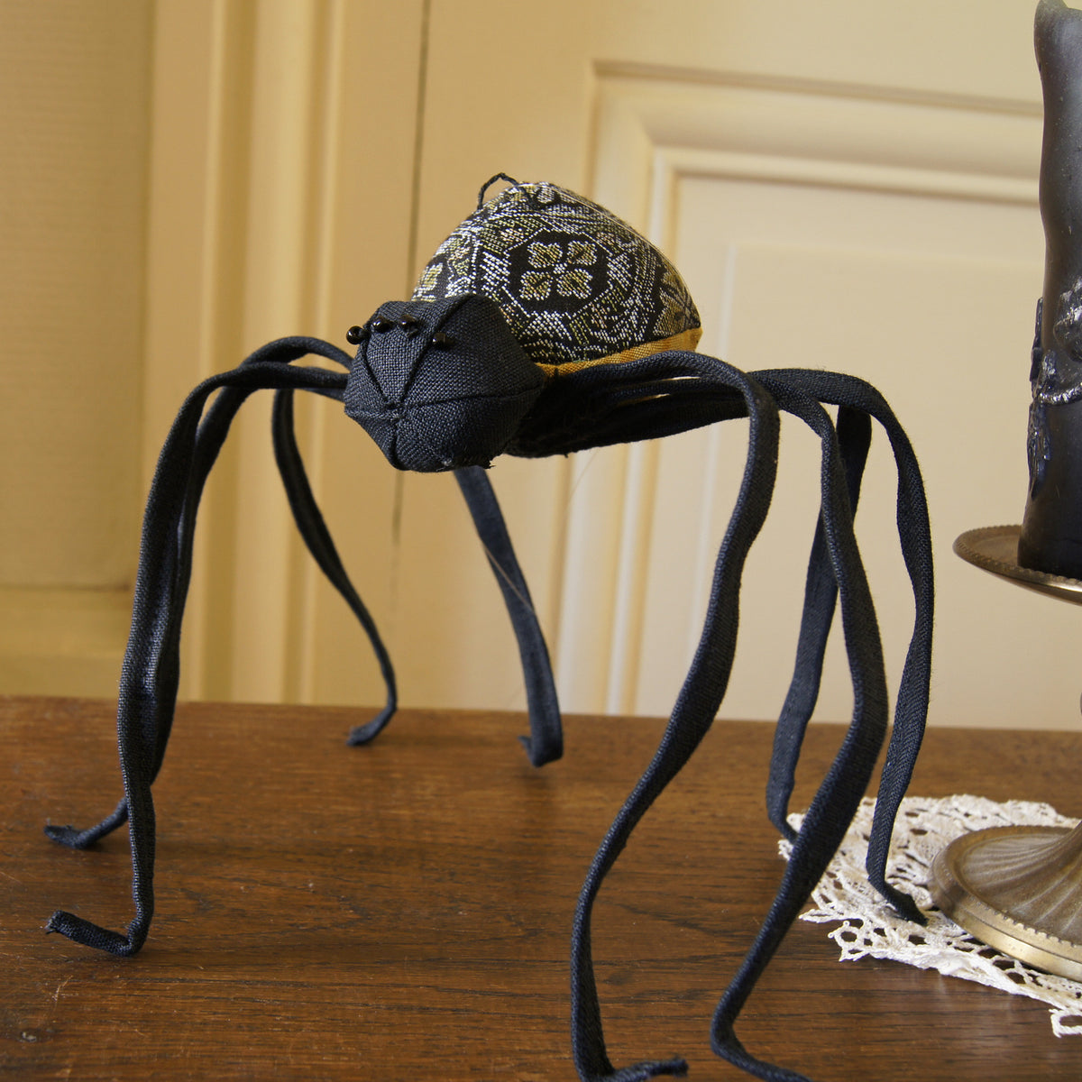 Spider Soft Sculpture Black Kimono Silk and Linen