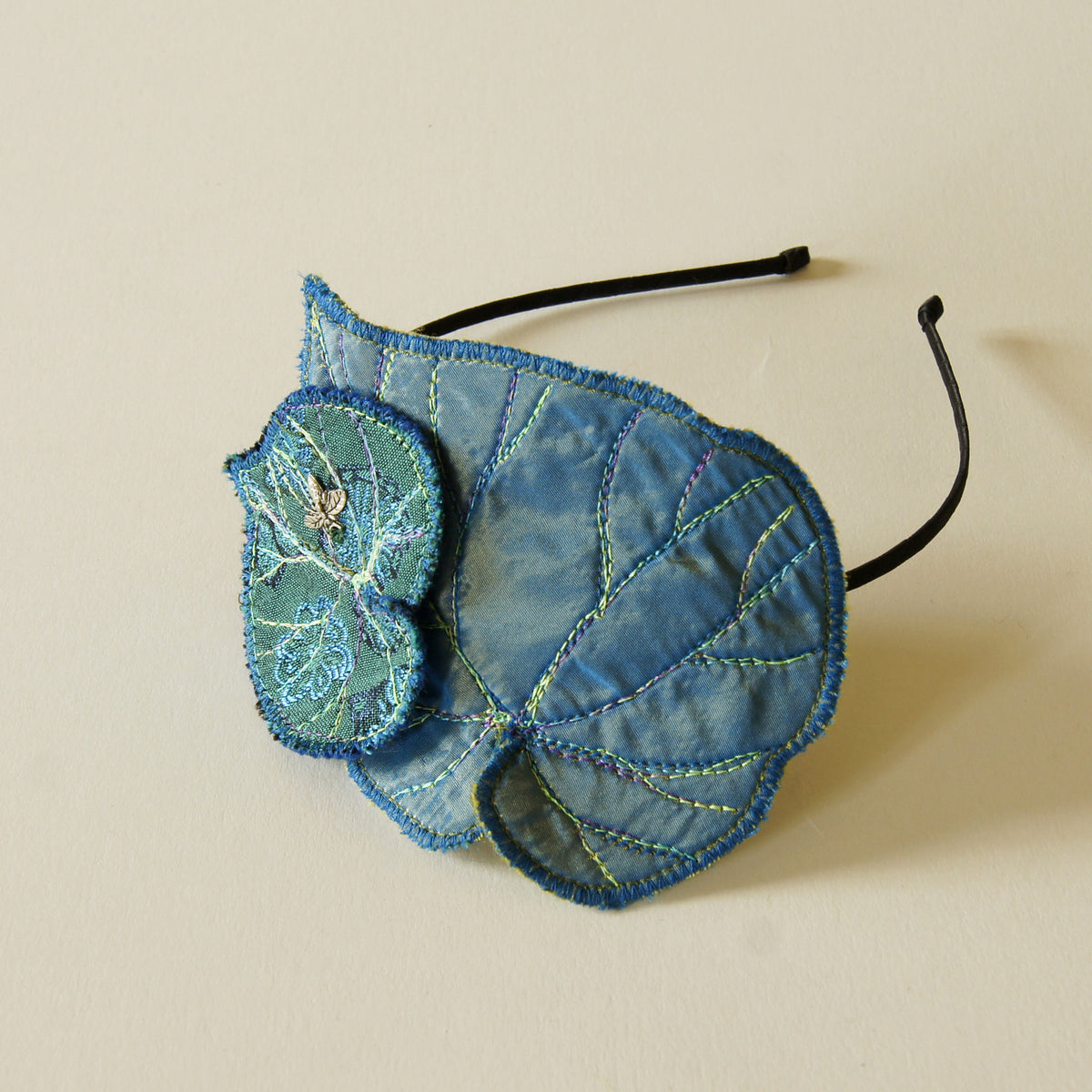 Textile Art headband fascinator Blue Begonia