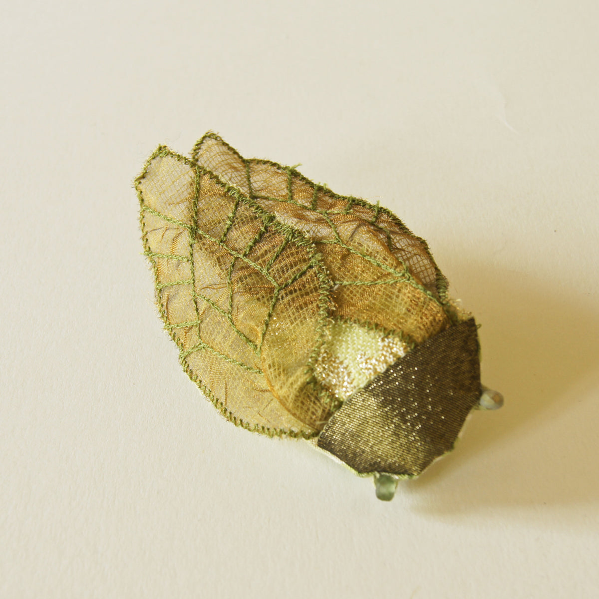 Cicada Soft Sculpture brooch green and gold vintage fabric