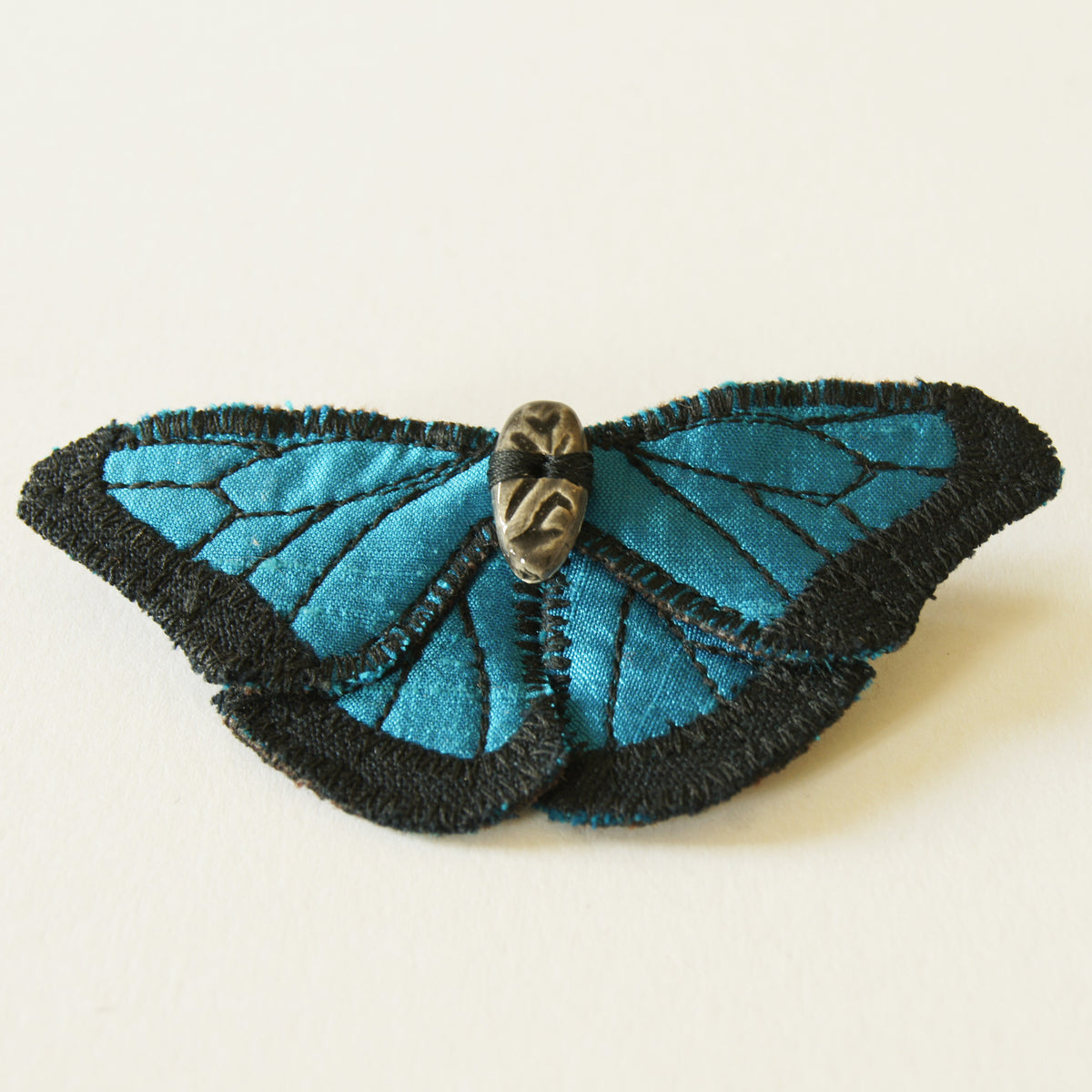 Blue Morpho fiber art brooch or hairclip silk linen ceramic