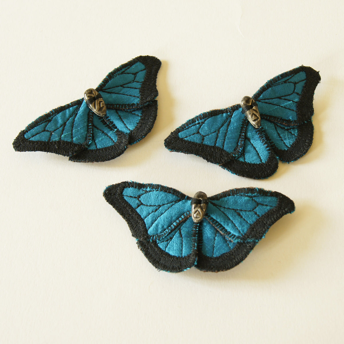 Blue Morpho fiber art brooch or hairclip silk linen ceramic