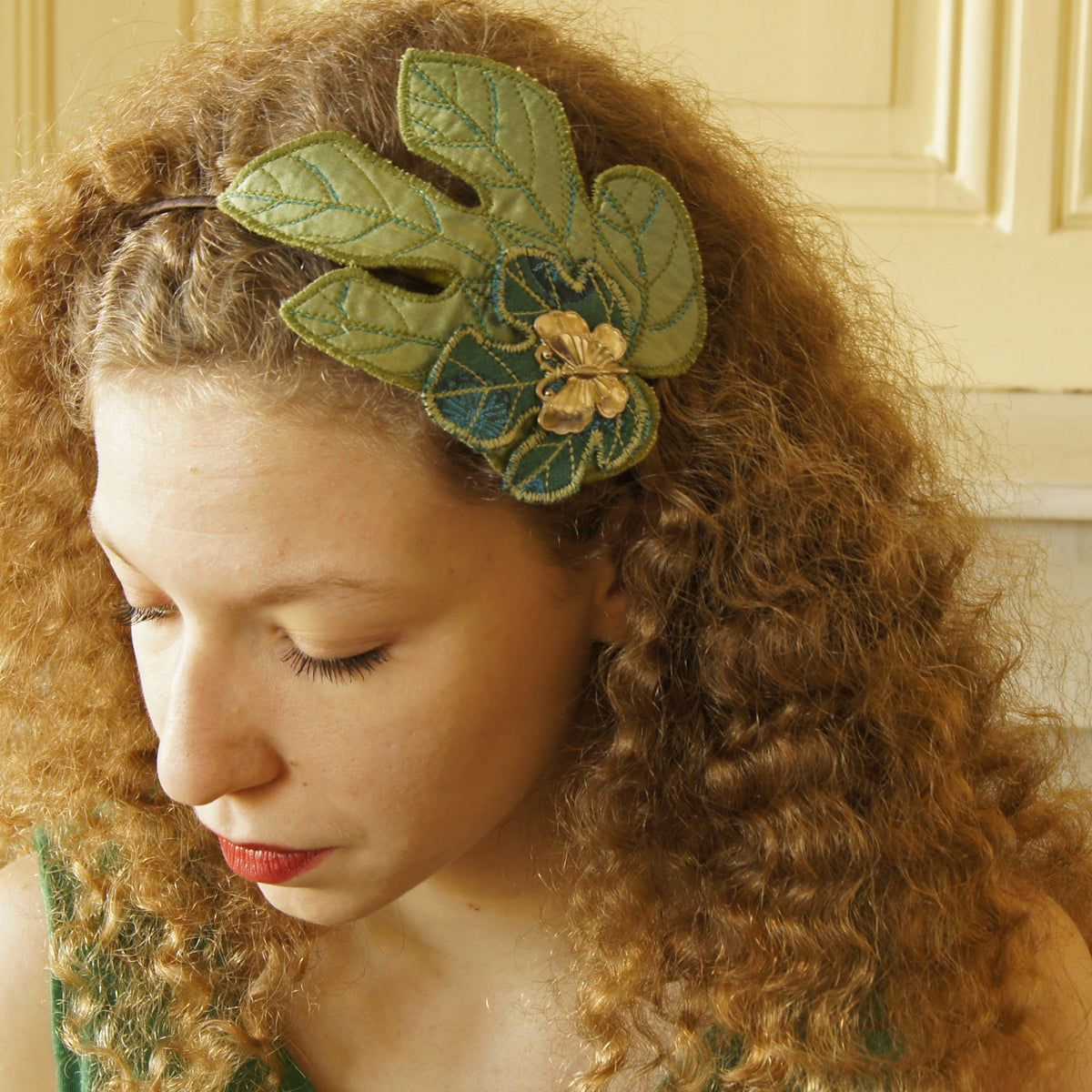 Fig Leaves headband fascinator in green and blue silk botanical accessory