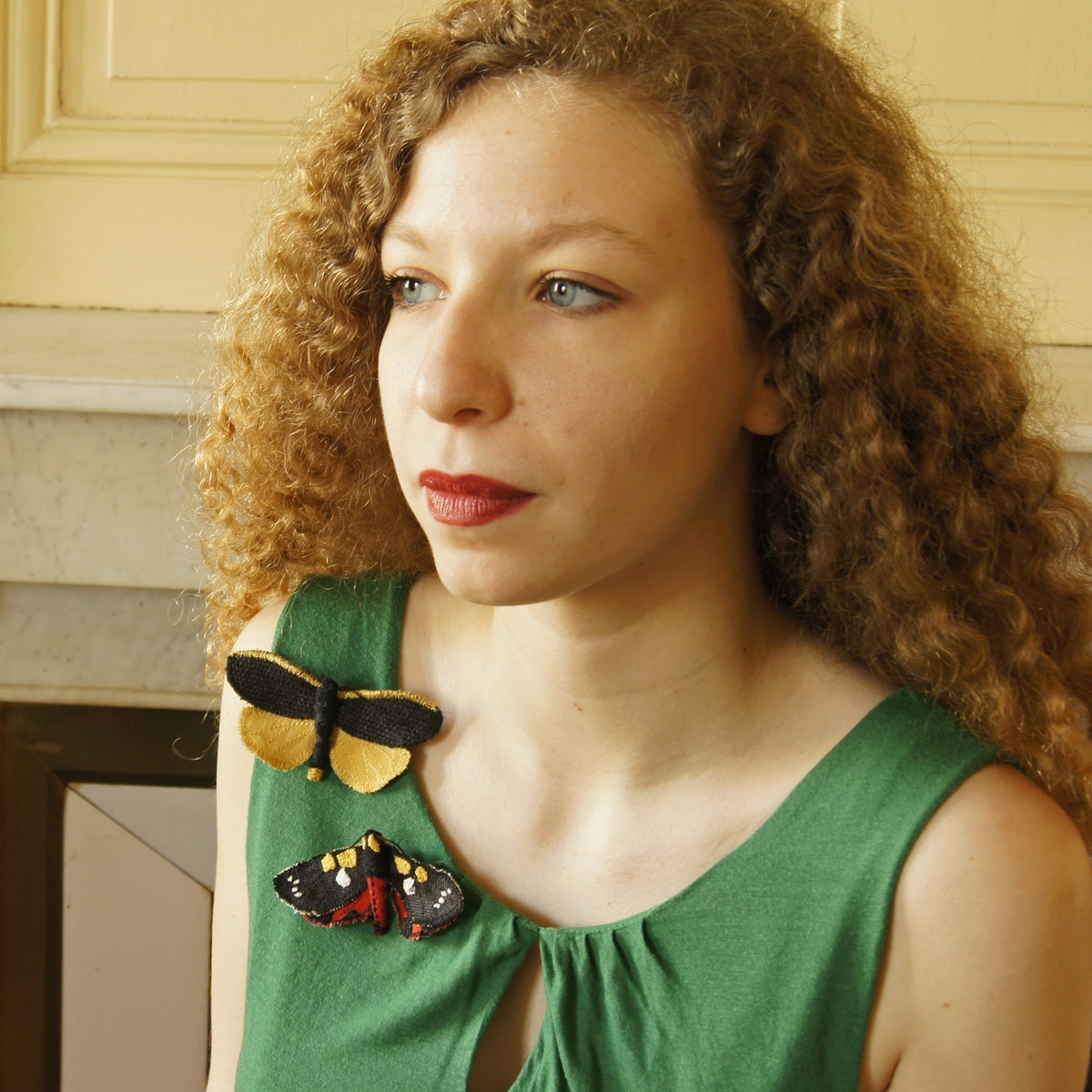 Scarlet Tiger Moth brooch fiber art entomology jewelry