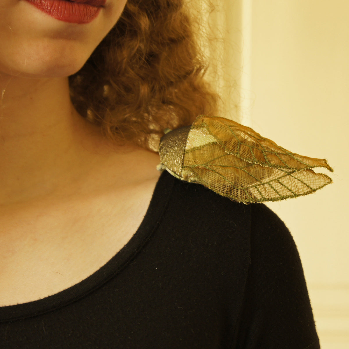 Cicada Soft Sculpture brooch green and gold vintage fabric