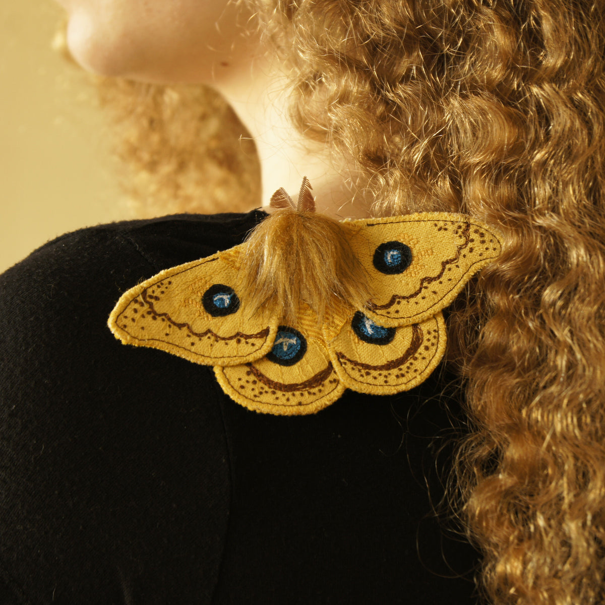 Silk Moth Tau Emperor Fiber Art Brooch Entomology Jewelry