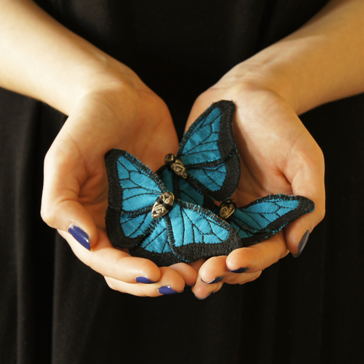 Blue Morpho fiber art brooch or hairclip silk linen ceramic