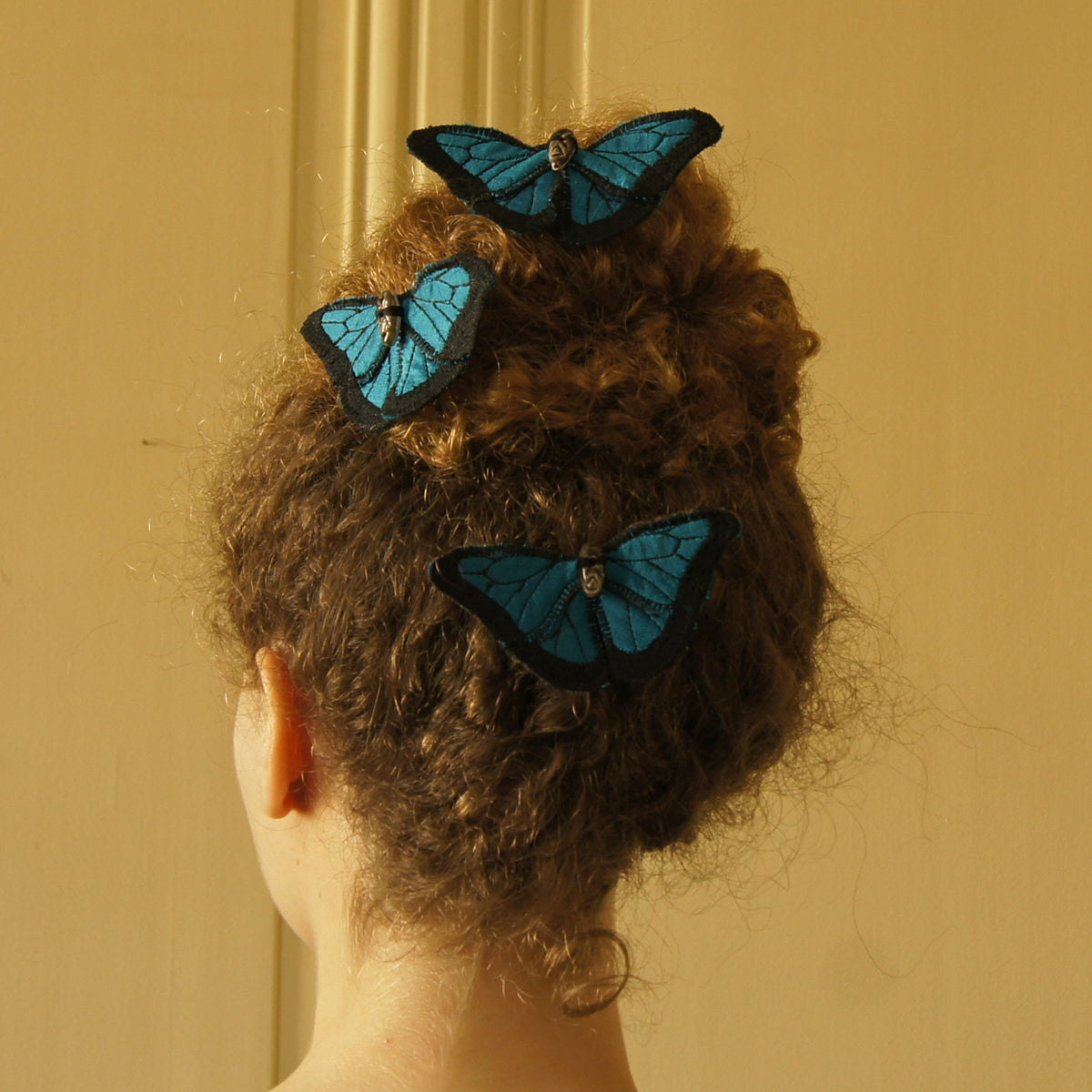 Blue Morpho fiber art brooch or hairclip silk linen ceramic