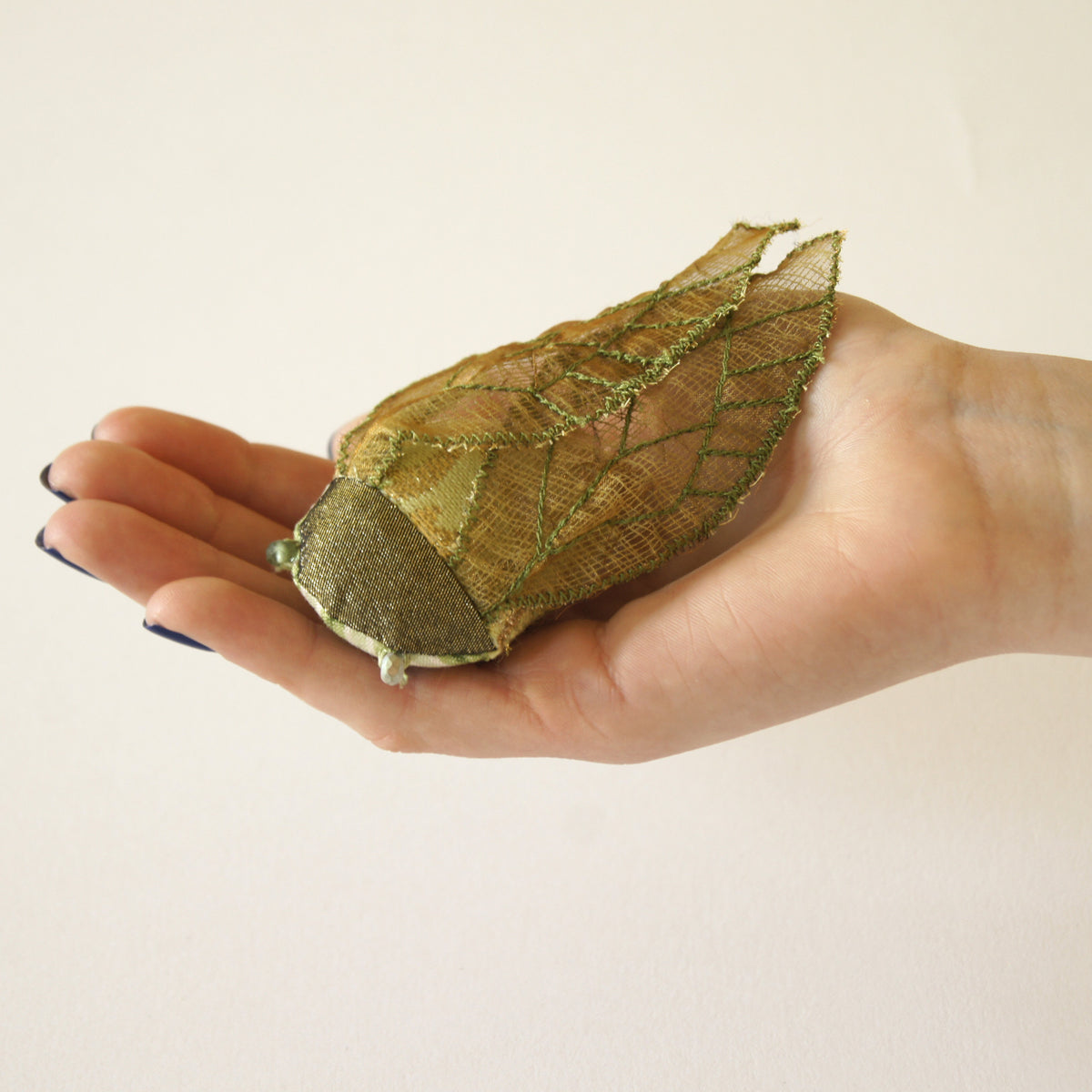 Cicada Soft Sculpture brooch green and gold vintage fabric