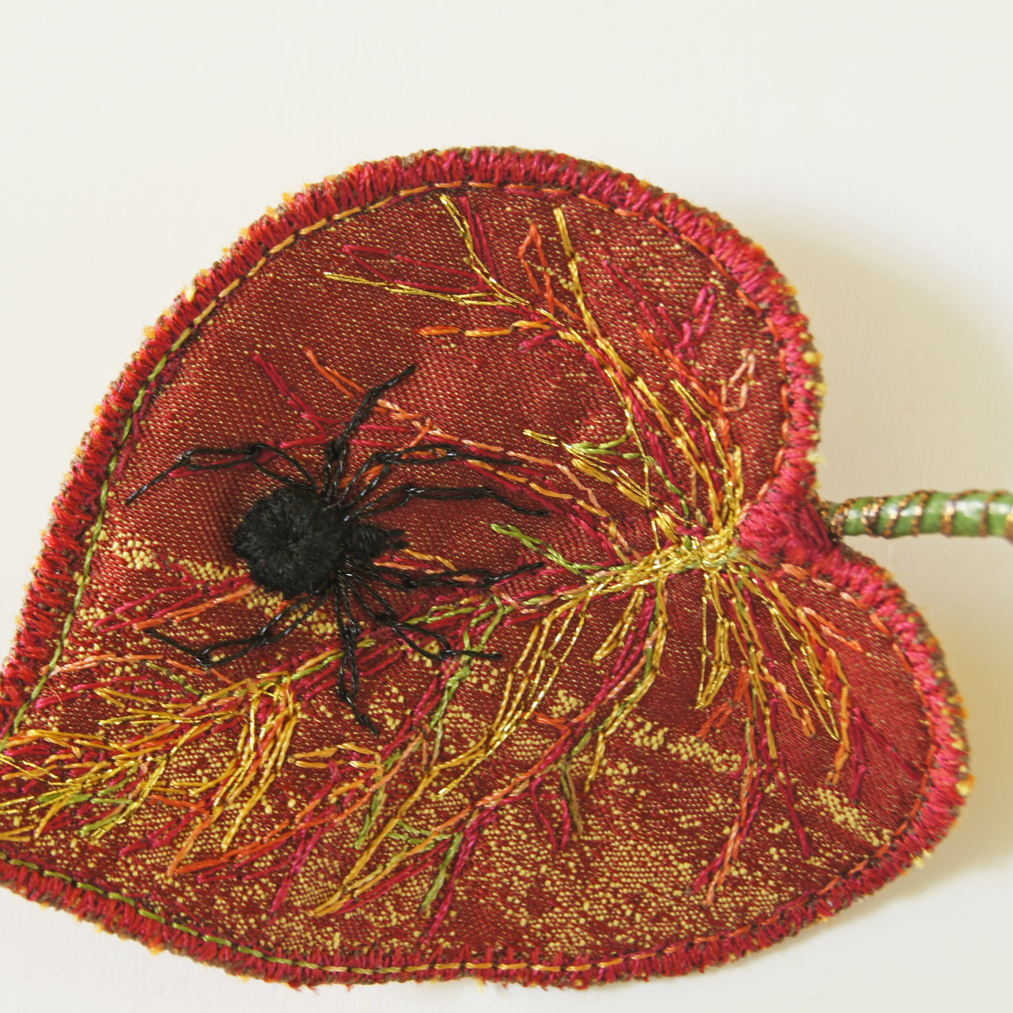 Textile Art Leaves with Embroidered Spider