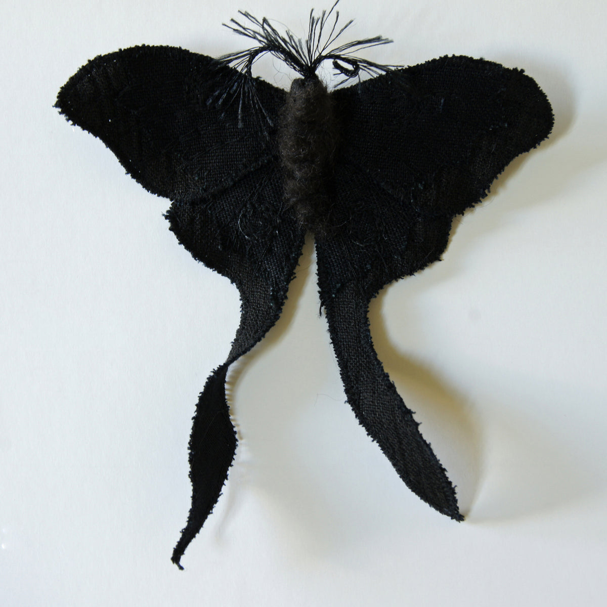 Black Luna Moth Fiber Art Brooch Collaboration with Nuit Clothing Atelier
