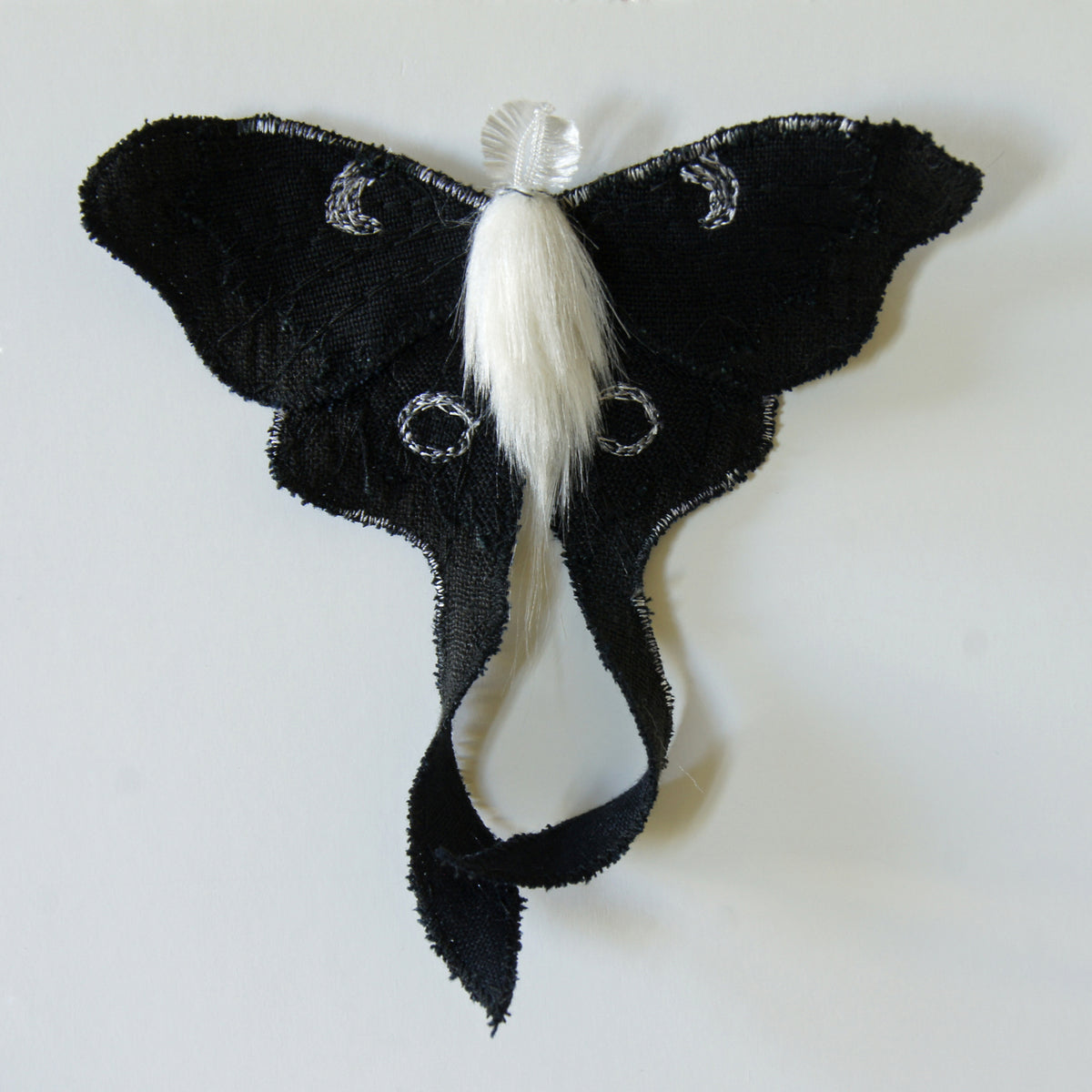 Black &amp; White Luna Moth Fiber Art Brooch Collaboration with Nuit Clothing Atelier