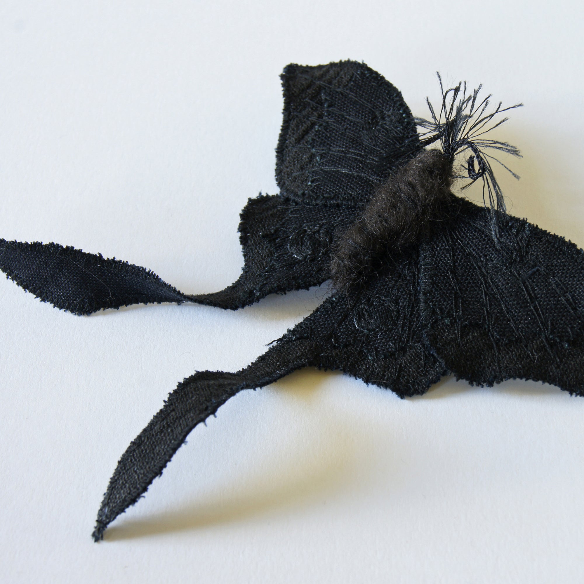 Black Luna Moth Fiber Art Brooch Collaboration with Nuit Clothing Atelier