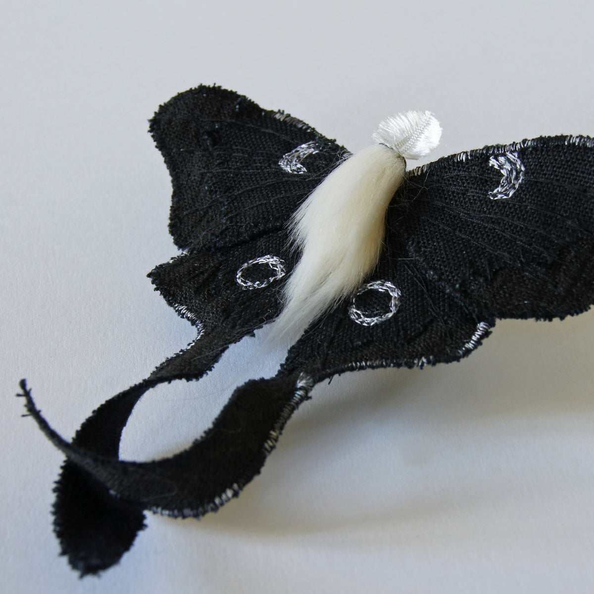 Black &amp; White Luna Moth Fiber Art Brooch Collaboration with Nuit Clothing Atelier