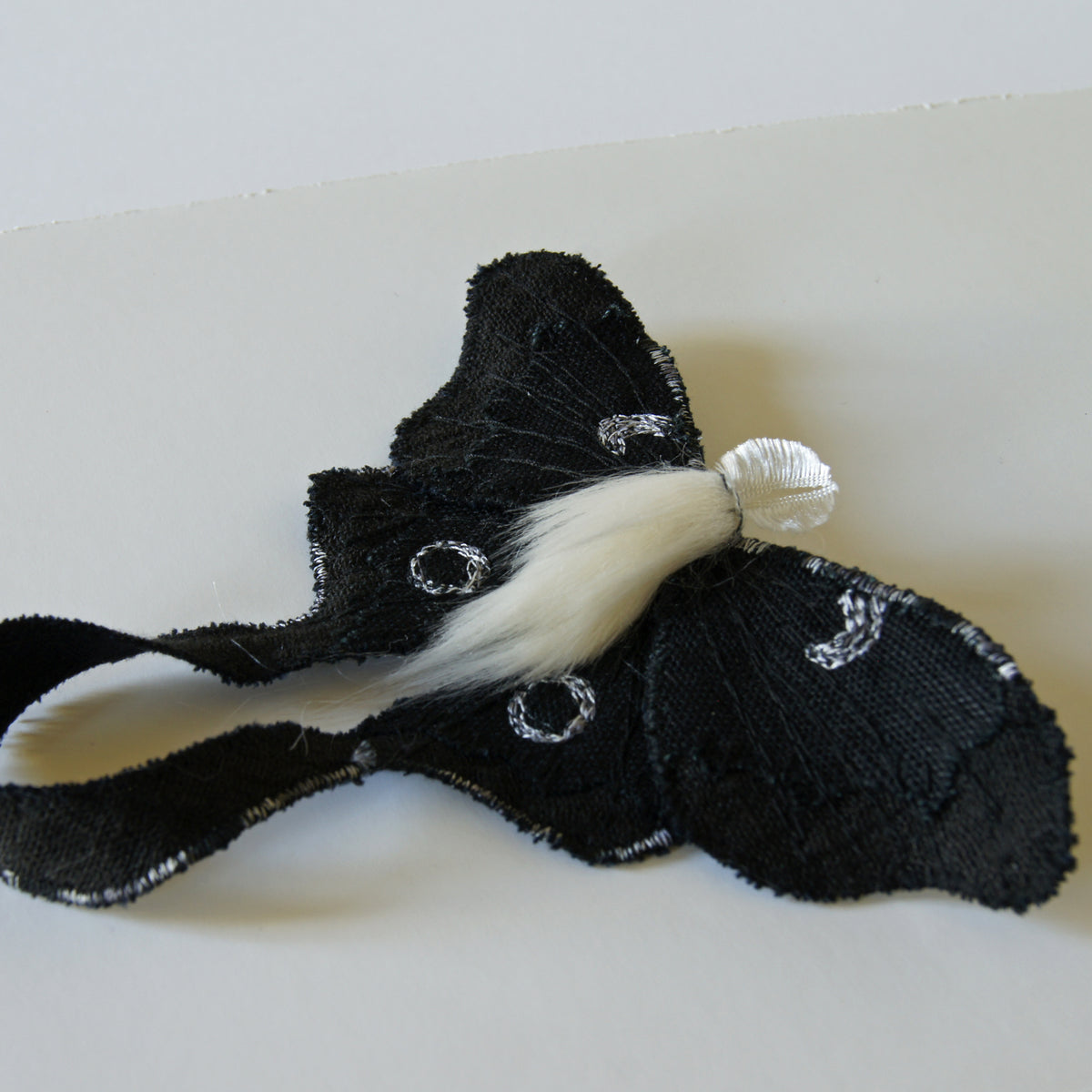 Black Luna Moth Fiber Art Brooch Collaboration with Nuit Clothing Atelier