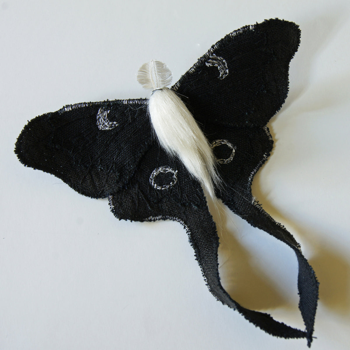 Black &amp; White Luna Moth Fiber Art Brooch Collaboration with Nuit Clothing Atelier