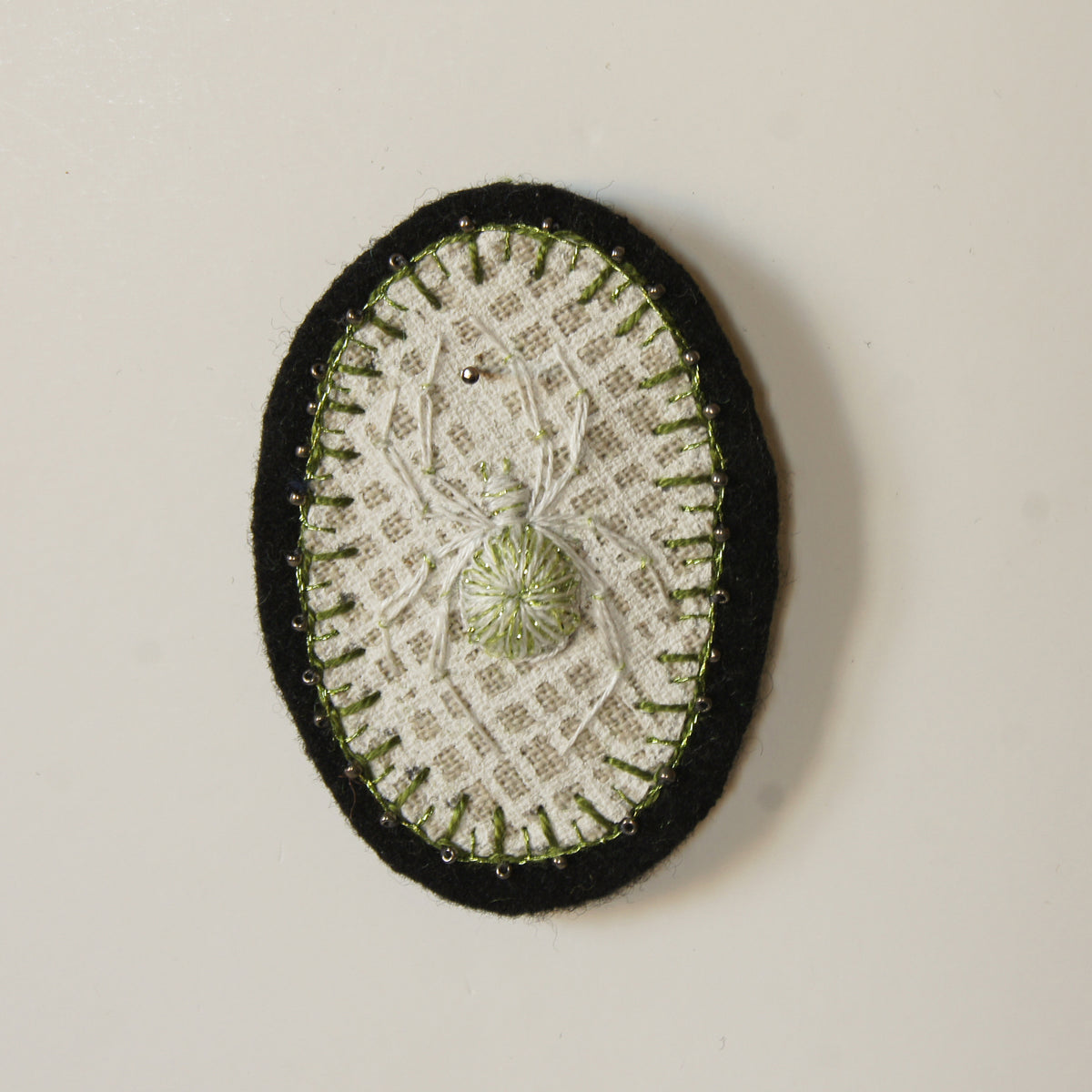 Hand Embroidered Lucky White Spider Arachnida Brooch