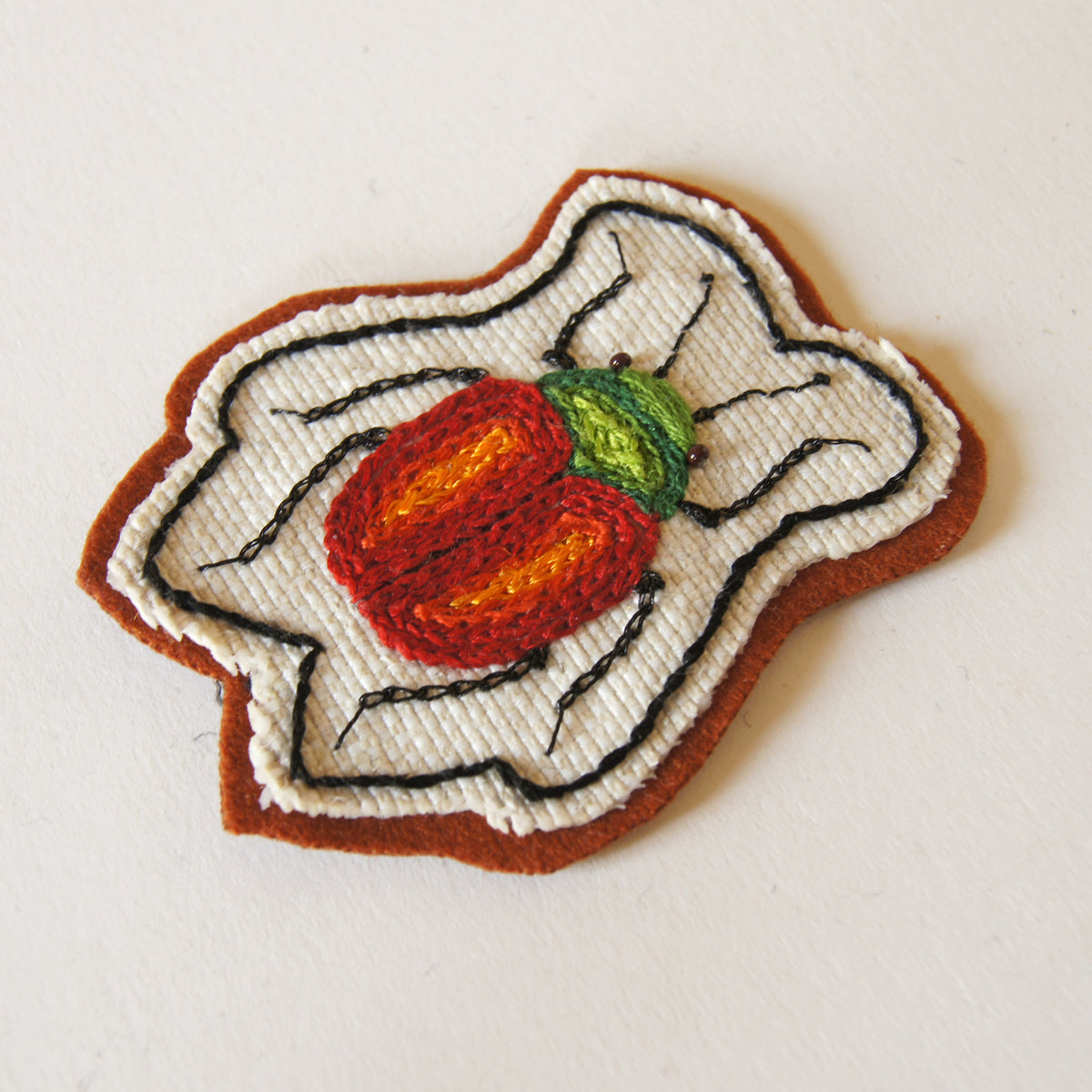 Hand Embroidered Sew On Patch Red Leaf Beetle Chrysomelidae Entomology