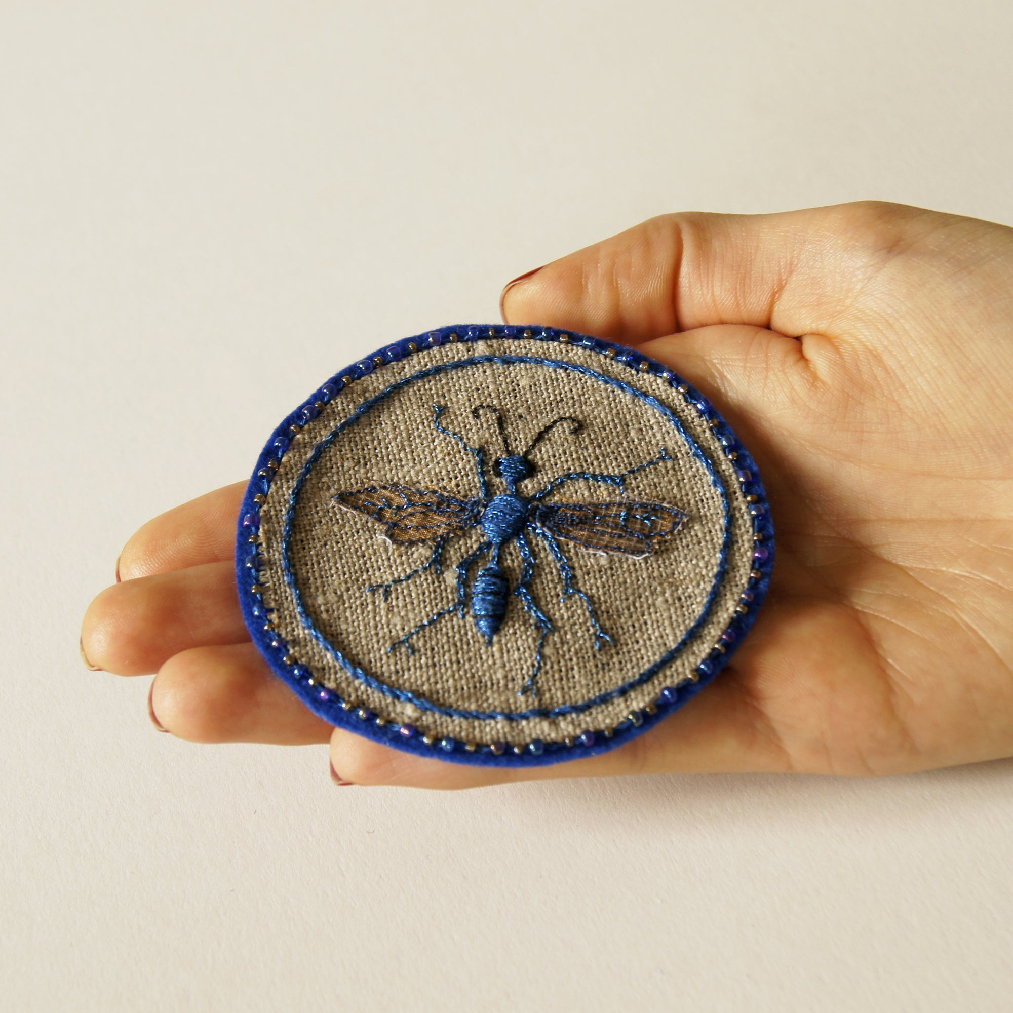 Blue Mud Dauber Hand Embroidered Sew-on Patch