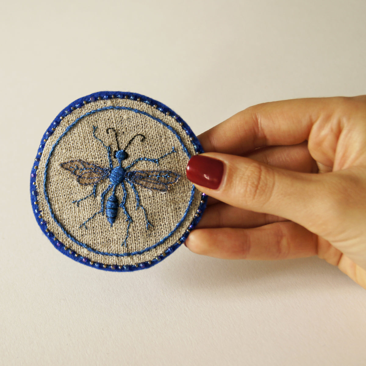 Blue Mud Dauber Hand Embroidered Sew-on Patch