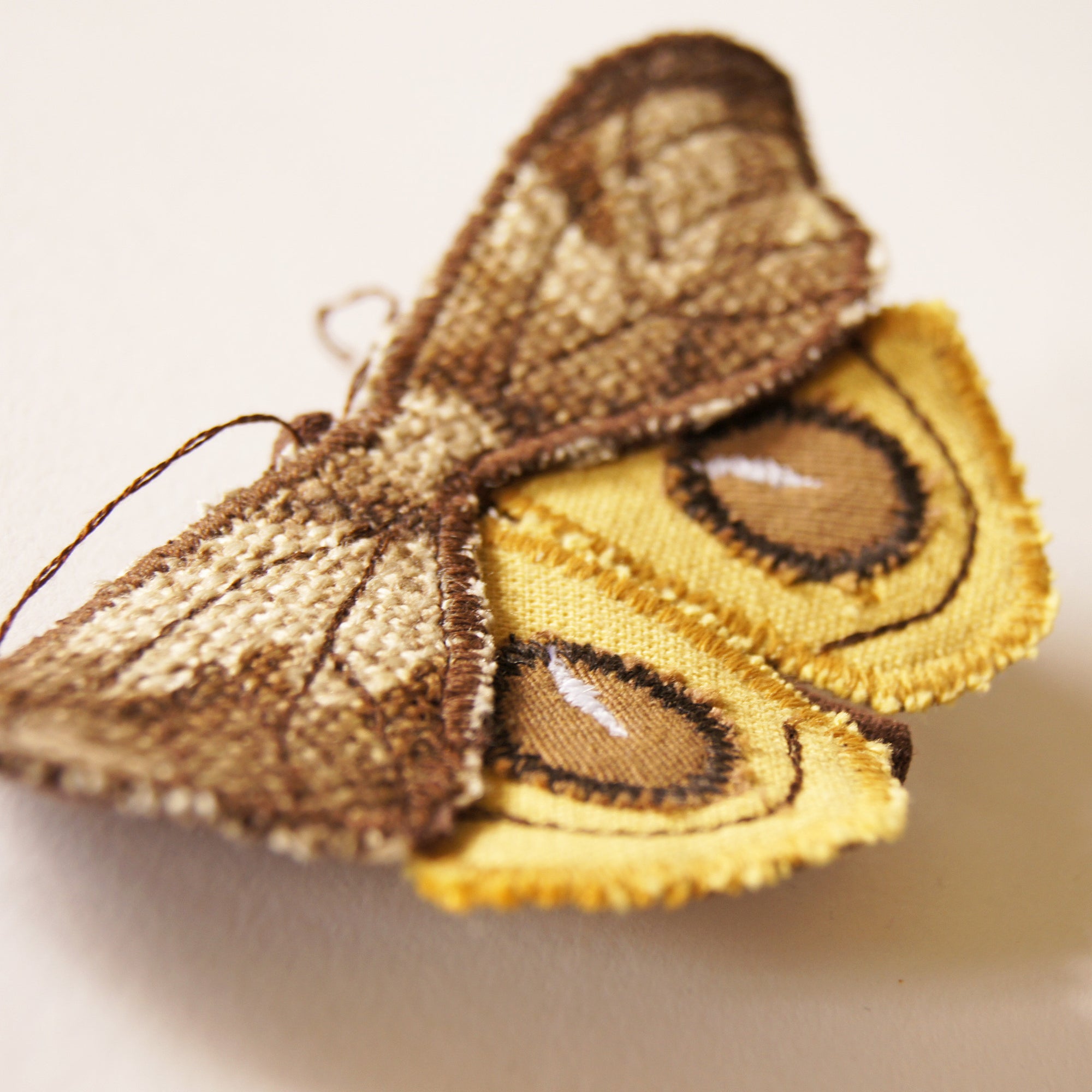 Fiber Art  Eyespot Moth brooch yellow and brown